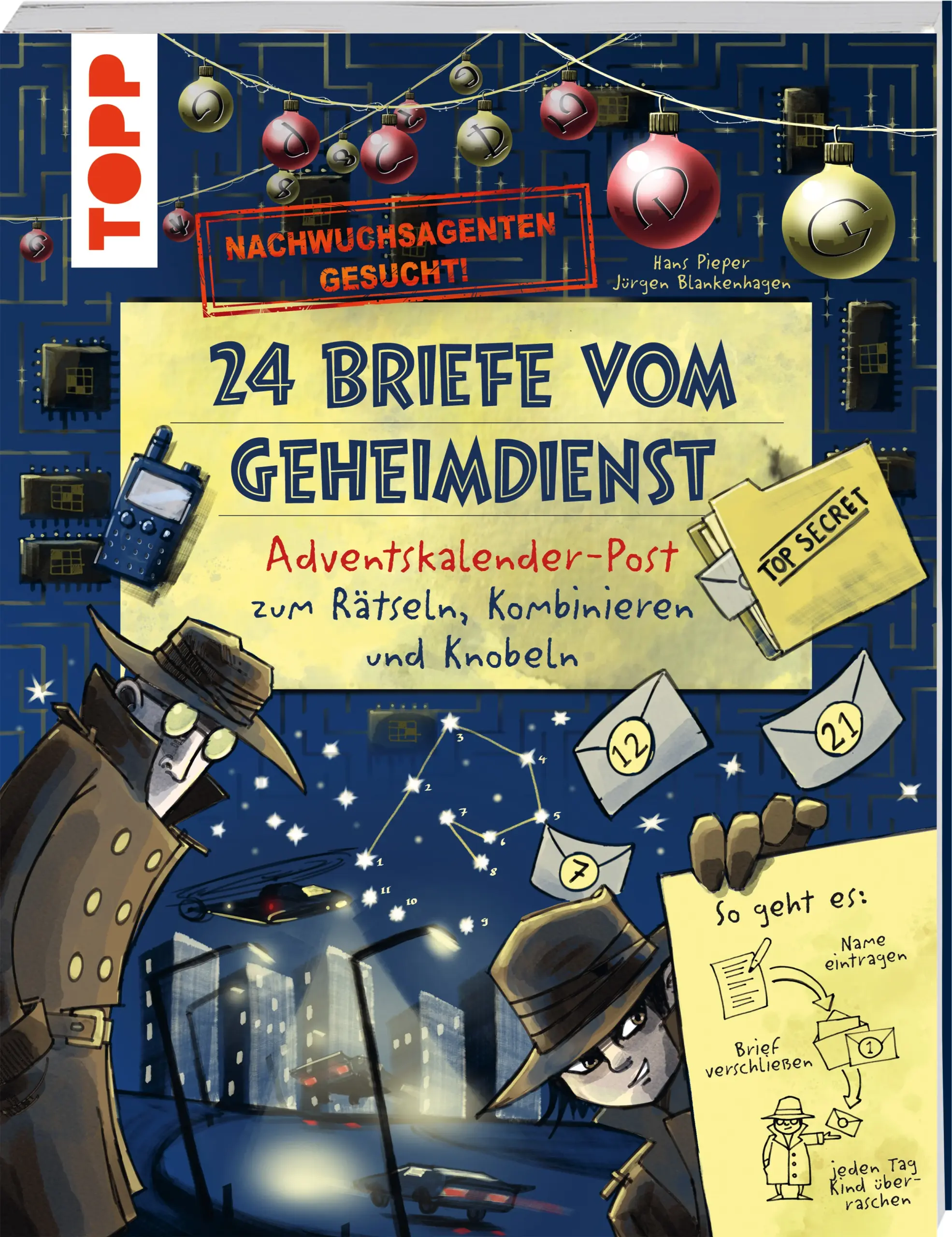 Außergewöhnlicher Brief-Adventskalender mit Escape-RätselnWie alles beginnt: Am 1. Dezember erhältst du einen mysteriösen Brief. Du bist auserwählt worden, um das neuste Mitglied einer Gruppen von jungen Geheimagent:innen zu werden. Bevor du in der Gruppe aufgenommen wirst, musst du allerdings eine Reihe von Aufnahme-Tests bestehen. In den nächsten 24 Tagen werden deine Fähigkeiten im Beobachten, Ermitteln, Kombinieren und Entschlüsseln auf die Probe gestellt.So geht’s (nur für Eltern):Brief und Rätselaufgabe aus dem Buch heraustrennenBrief an Kind adressieren und Rätsel beilegenBrief mit Sticker verschließenKind 24x mit spannender Adventspost überraschenKleine Knobler:innen ab 8 Jahren bekommen jeden Tag eine neue Detektivaufgabe zum Lösen: Geheimschrift, Suchbild, Labyrinth und mehr. Wenn alle Rätsel gelöst sind, gibt es am 24. Dezember einen coolen Agent:innen-Ausweis.