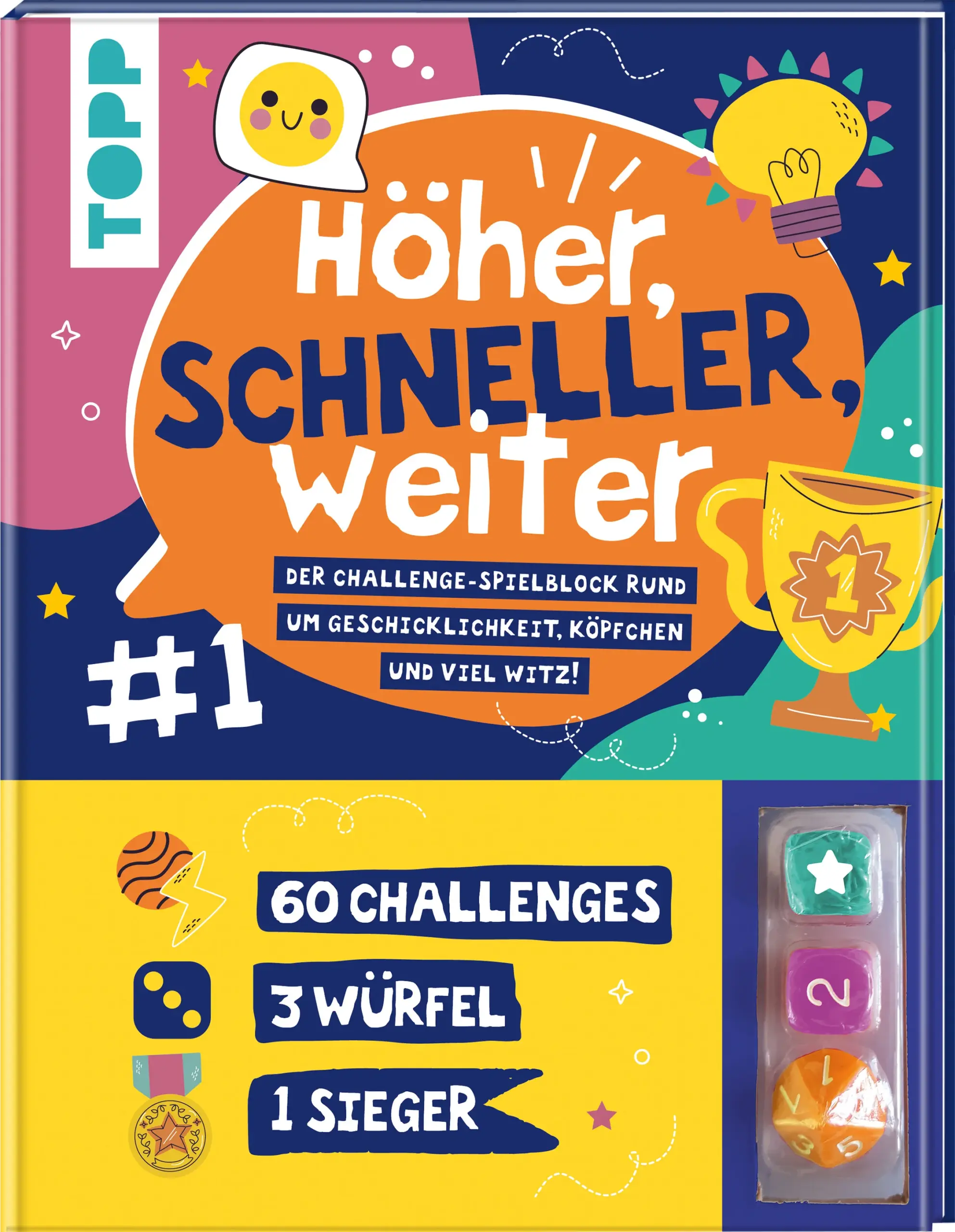 Nimmst du die Herausforderung an?Mit diesem Buch kannst du 60 Challenges mit 2-6 Spieler:innen spielen. Bedenke jedoch, es kann nur einen Sieger geben! Welche der 60 Challenges für wie viele Punkte absolviert werden muss, entscheiden die 3 beiliegenden Würfel. Beweise dein Können in den Bereichen:GeschicklichkeitKöpfchen Voller KörpereinsatzQuatschbananeBattle ModusUm der Meister aller Challenges zu werden gehört auch etwas Glück dazu. Aber nicht verzagen, wer nicht wagt, der nicht gewinnt!Das erwartet dich:Challenge-Spieleblock1x 6-seitiger Würfel mit Farbflächen1x 6-seitiger Würfel mit Symbolen1x 12-seitiger Würfel mit Zahlengenerationsübergreifender Spielspaß für 2-6 Spieler:innenAltersempfehlung: ab 7 Jahren