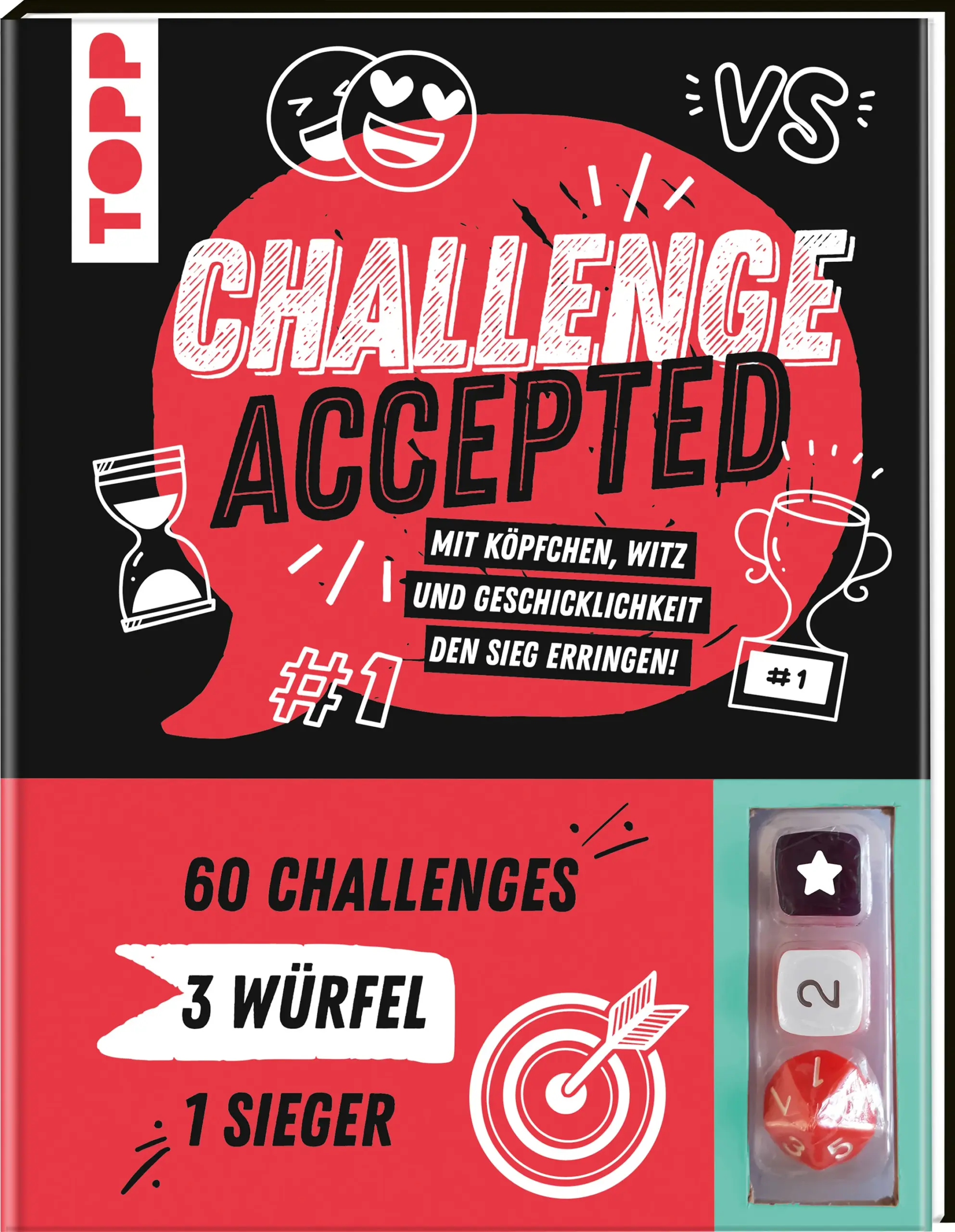 Nimmst du die Herausforderung an?Mit diesem Buch kannst du 60 Challenges mit 2-6 Spieler:innen spielen. Bedenke jedoch, es kann nur einen Sieger geben! Welche der 60 Challenges für wie viele Punkte absolviert werden muss, entscheiden die 3 beiliegenden Würfel. Beweise dein Können in den Bereichen:Geniale GeschicklichkeitBrain Boost Action & AdrenalinChaos & Comedy Blitz BattleUm der Meister aller Challenges zu werden gehört auch etwas Glück dazu. Aber nicht verzagen, wer nicht wagt, der nicht gewinnt!Das erwartet dich:Challenge-Spieleblock1x 6-seitiger Würfel mit Farbflächen1x 6-seitiger Würfel mit Symbolen1x 12-seitiger Würfel mit Zahlengenerationsübergreifender Spielspaß für 2-6 Spieler:innenAltersempfehlung: ab 13 Jahren