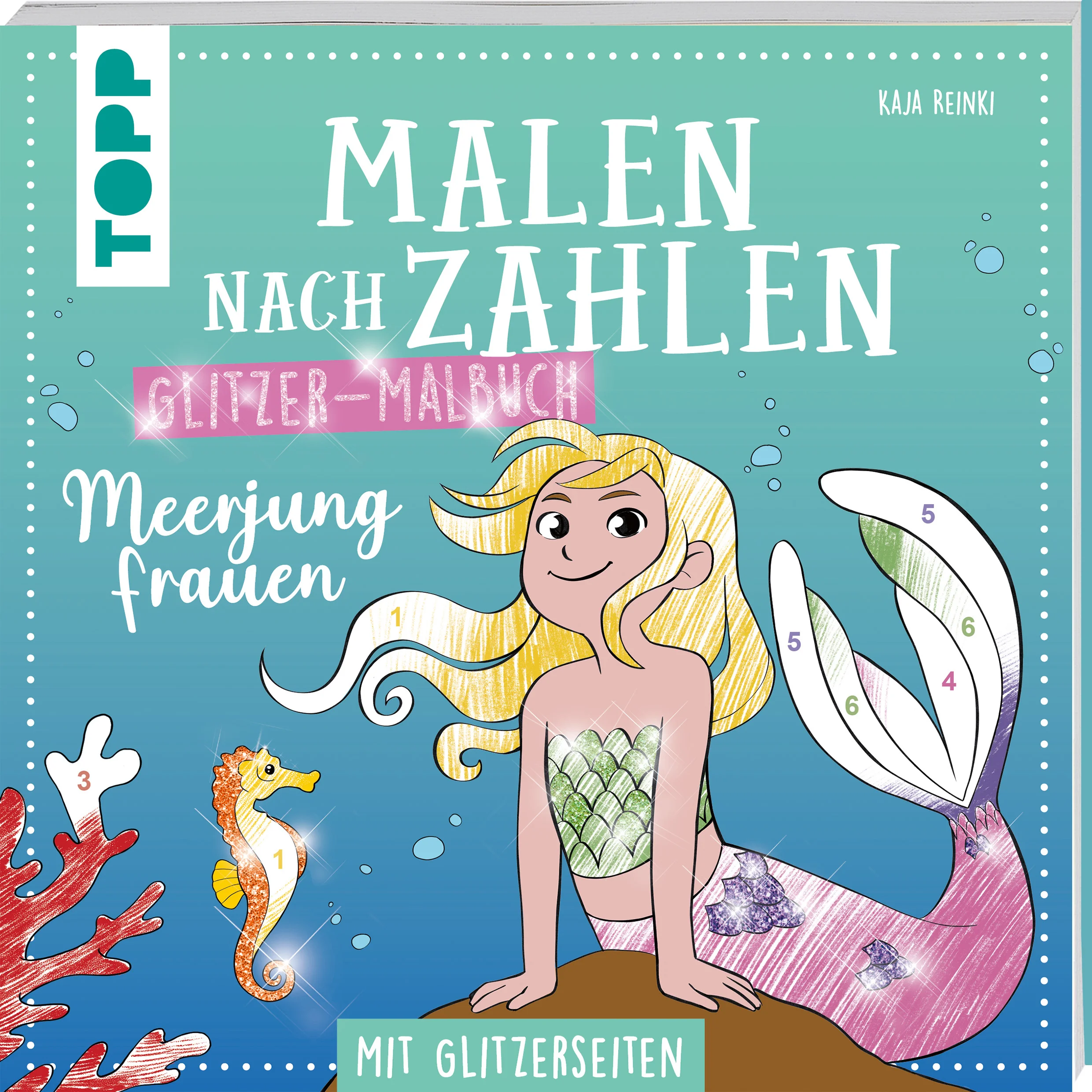 Sieh nur, wie es funkelt! Das Malen-nach-Zahlen-Malbuch mit Glitzer verleiht den Meerjungfrauen zusätzlichen Glanz und bringt die Augen von Meerjungfrauen-Fans garantiert zum Leuchten. Die Ausmalbilder sind nach dem bewährten Malen-nach-Zahlen-Prinzip gestaltet: kleine Zahlen von 1 bis 12 geben vor, mit welcher Farbe die Flächen im Bild ausgemalt werden. Die funkelnden Details machen das Malen dabei zu einem magischen Erlebnis - tolle farbige Motive garantiert!Das Prinzip „Malen nach Zahlen“ hilft, die Zahlen von 1 bis 12 zu erkennen, Feinmotorik zu üben und die Konzentrationsfähigkeit auszubauen. Das Ausmalen entspannt, regt die Fantasie an und fördert so die Kreativität des Kindes.Das erwartet dich:32 fantastische Motive aus der Welt der Meerjungfrauenbunter Glitzer auf den SeitenFarbvorgaben entsprechen handelsüblichen Buntstift-Sets mit 12 Farbenzarte, farbige Zahlen verschwinden beim Ausmalenhandliches Format für unterwegsAltersempfehlung: ab 6 Jahren