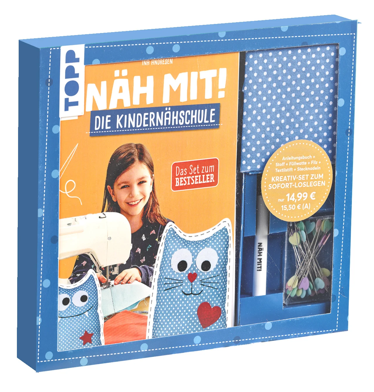 Mit diesem Set wird aus jedem Kind im Handumdrehen ein kleiner Nähprofi!  Es enthält neben dem Anleitungsbuch mit kindgerechten Näh-Grundlagen sowie Modellen auch Schnittmusterbogen in Originalgröße sowie das Material für eine kuschelige Katze oder ein cooles Monster. Mit Hilfe von Bügelfilz und einem Textilmarker gelingt auch das Gesicht spielend leicht. Der enthaltene Nähmaschinenführerschein kann nach dem ersten gelungenen Modell stolz aufgehangen werden. Rundum ein ideales Geschenk für kreative Köpfe und angehende Nähprofis!Das erwartet dich:Anleitungsbuch mit 48 SeitenUrkunde NähmaschinenführerscheinStoff für ein Modell (100 % Baumwolle)Bügelfilz in Rot und Weiß (100 % Polyester)Füllwatte (100 % Polyacryl)StecknadelnTextilstift in Schwarz