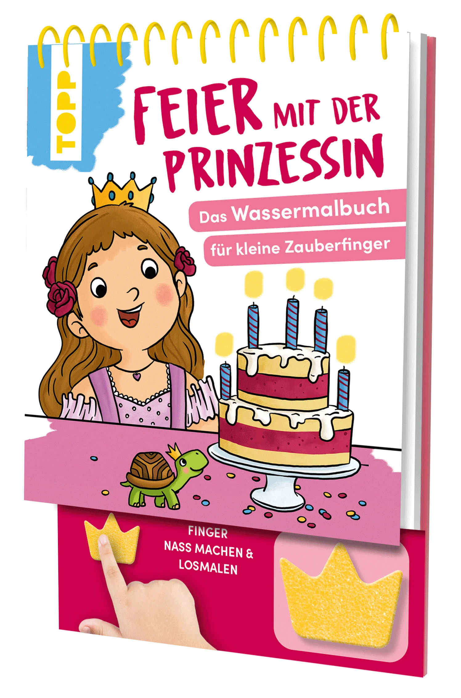 Interaktiver Malspaß ohne EndeDas beigefügte Schwämmchen einfach nass machen, wieder in die dafür vorgesehene Wanne legen und los geht es: die kleinen Zauberfinger auf das Schwämmchen tupfen, nass machen und auf den Innenseiten loszaubern und malen. Kinder lieben die haptische Erfahrung und den direkten Einsatz ihrer Finger. Rund um die Welt der Prinzessinnen können Kinder interaktiv zu den spielerischen Aufgabenstellungen im Buch kreativ werden und der Prinzessin bei der einen oder anderen Herausforderung helfen. Frisiere die Prinzessin, tröste sie oder überrasche sie mit einer Geburtstagsparty. Nach dem Trocknen können die Bilder erneut bemalt werden - für unendlichen Malspaß!Das erwartet dich:8 MalseitenBlock mit Ringbindung, nach oben aufklappbarPapier färbt sich beim Kontakt mit Wasser buntunendlicher Malspaß: Nach dem Trocknen verschwindet die Farbe wieder!malen ohne Farbflecken – einfach mit Wasser anmalen!kreativer Malspaß für unterwegs – auch im Autointeraktive kreative Aufgaben rund ums Thema Prinzessininkl. Schwämmchen in besonderer FormAltersempfehlung: ab 3 Jahren