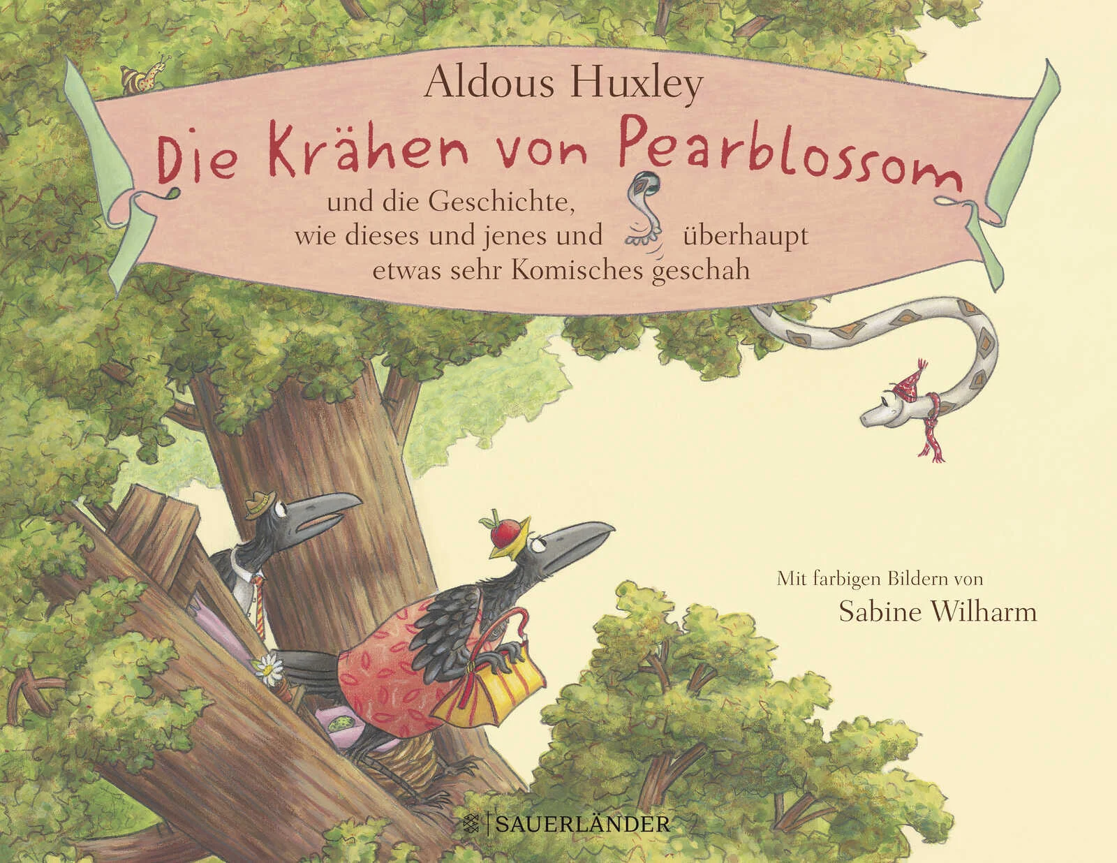 Jeden Tag legt Frau Krähe ein Ei. Und jeden Tag, wenn Frau Krähe zum Einkaufen geht, schlängelt sich eine gierige Klapperschlange den Baumstamm hinauf bis zum Krähennest und verspeist das frisch gelegte Ei. Was soll Frau Krähe nur tun? Zum Glück hat der schlaue Uhu eine fabelhafte Idee. Zusammen mit Herrn Krähe formt er Eier aus Lehm und legt sie stattdessen ins Krähennest. Auch die werden gierig von der bösen Schlange verschlungen. Das bekommt ihr natürlich überhaupt nicht, sie windet und wendet sich vor Bauchschmerzen, verknotet sich in den Ästen des Baumes und endet schließlich als Wäscheleine.Aldous Huxleys Geschichte war ein Weihnachtsgeschenk für seine kleine Nichte Olivia und ist das einzige Kinderbuch des weltberühmten Autors. Die Illustrationen von Sabine Wilharm geben dieser Fabel einen ganz besonderen Witz.