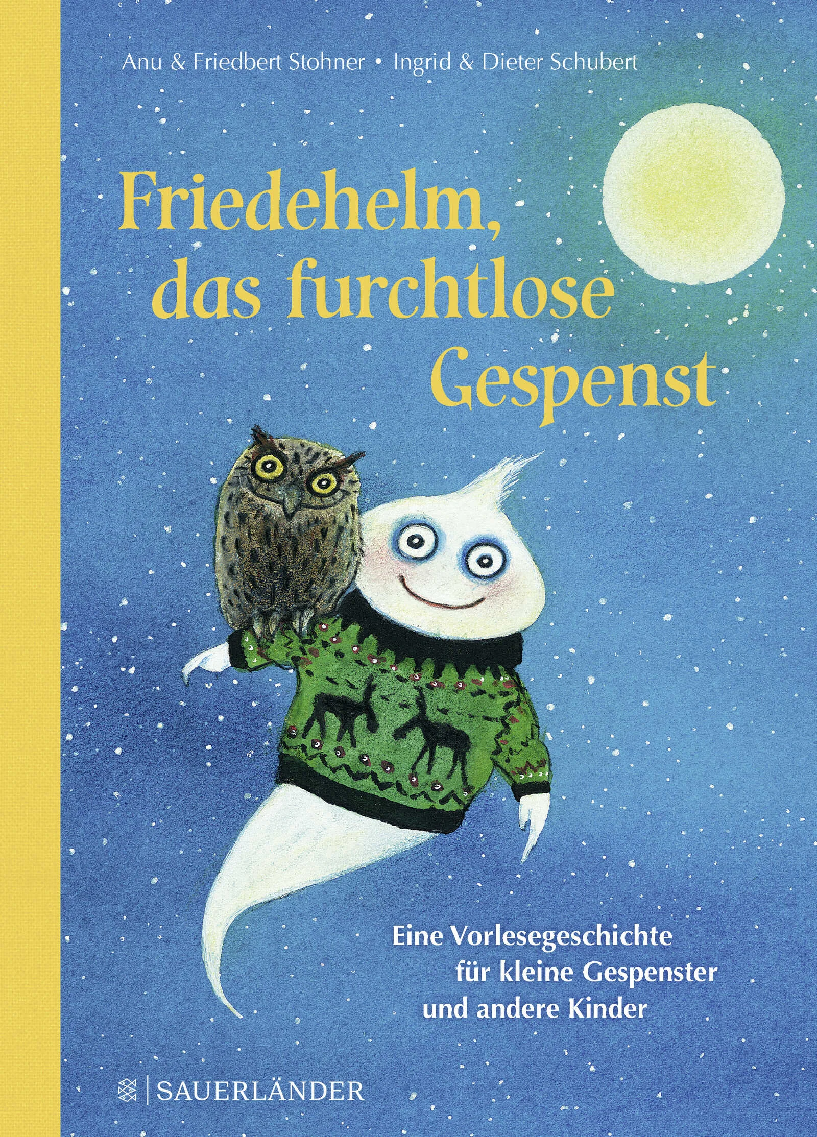 Friedehelm ist eigentlich ein ganz normales kleines Gespenst. Er gruselt sich nur vor allem, sogar vorm Klirren des Löffels in der Kakaotasse. Oder vorm RUMS, wenn eine Feder zu Boden fällt. Und wenn die Weiden wispern, packt ihn das Grausen. Ganz klar: Friedehelm ist ein kleines Flatterhemd, wie die großen Gespenster zu kleinen Angsthasen sagen. Und was müssen die bei den Gespenstern machen: Mutproben! Im Finsterwald zum Beispiel. Oder im gruseligen Grafenschloss. Ob Friedehelm das schafft? – Aber hallo! Weil er nämlich einen Freund hat, der ihm beisteht: das Käuzchen. Und weil er viel furchtloser ist, als er selber denkt. Eine Gutenacht- und Freundschaftsgeschichte, die nicht nur kleinen Gespenstern Mut macht. Vorlesestoff für viele Abende – ein echtes Lieblingsbuch für die ganze Familie! Mit vielen bunten Bildern von Ingrid und Dieter Schubert