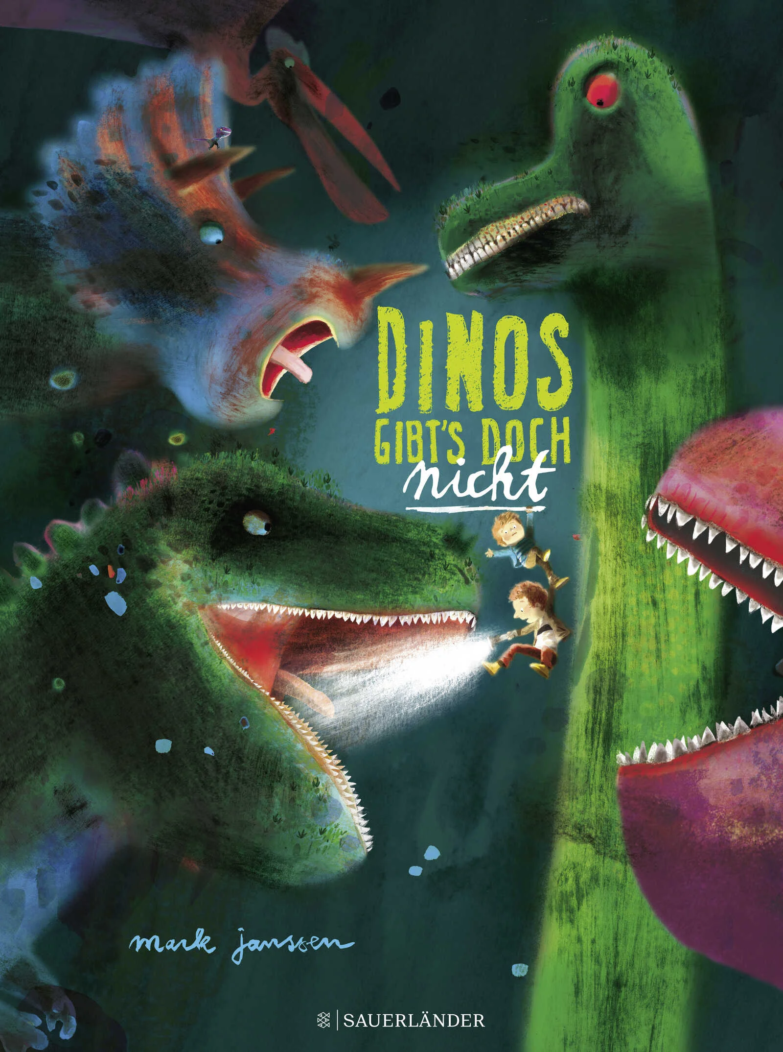 Klar gibt es Dinosaurier!Jonas und Tim gehen in den Wald, um einen Riesendino zu fangen. Tim ist mutig, aber Jonas bekommt ein wenig Angst. Irgendwie sieht es doch so aus, als ob der Wald von Dinosauriern nur so wimmelt. Tim beruhigt ihn, denn eigentlich ist das doch alles nur ein Spiel. Dinos gibt’s doch gar nicht. Wenn er sich da mal nicht täuscht. Ein großformatiges, farbenfrohes und aufregendes Bilderbuch mit Ausklappseiten zeigt, dass sie sich überall verstecken können.
