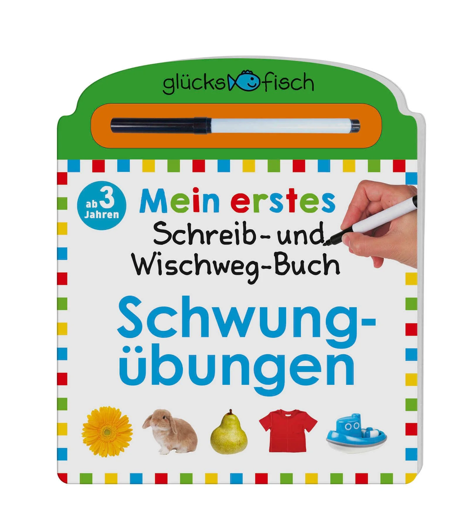 Ein stabiles Pappbilderbuch mit abwischbarem Stift zur Vorbereitung auf das SchreibenSo geht spielerische Förderung zu Hause: Auf den bunten und fröhlichen Seiten dieses Buchs üben sich Kinder ab 3 Jahren im Umgang mit dem beiliegenden Stift. Sie schulen ihre Motorik, indem sie Linien und Schwünge nachfahren. Dabei werden die motivierenden Aufgaben langsam schwieriger: So folgen die Kinder der Flugbahn einer Rakete oder zeichnen farbenfrohe Blumen fertig. Und wenn sie damit fertig sind, können sie alles abwischen und von Neuem beginnen! Mit diesem Geschenk fördern Sie aktiv die Handmotorik und Koordination von Auge und Hand der Kinder und unterstützen sie auf dem langen, spannenden Weg zum Schreibenlernen.- Erstes Lernen: schwungübungen als Vorbereitung auf das Schreibenlernen- Abwischbarer Stift und stabile Pappe ermöglichen mehrfache Nutzung- Buch plus Stift: So macht Schreibenlernen jedem Kind Spaß!Glücksfisch - Bücher für glückliche Kinder