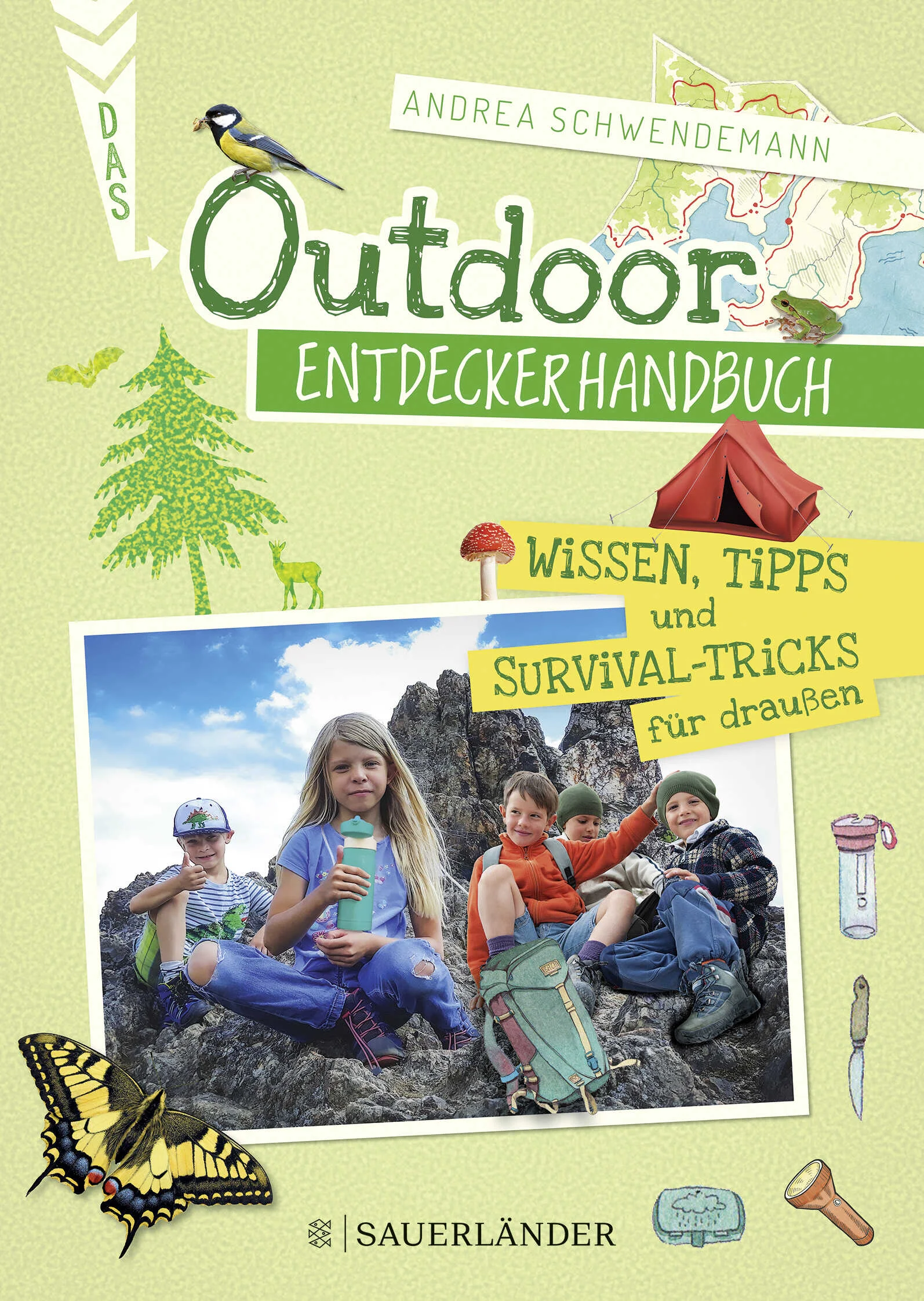 Mit diesem Buch sind Outdoorkids perfekt gerüstet für den Ausflug in die Wildnis. Denn hier finden sie Antworten auf alle wichtigen Fragen rund um Ausrüstung, Übernachtungsmöglichkeiten unter freiem Himmel, Wetter, Orientierung mit Kompass und Sternen sowie Aktivitäten in der Natur. Aber nicht nur Survivaltricks finden sich in diesem handlichen Naturführer im Mitnahmeformat: Ein großes Kapitel zeigt in Steckbriefen die wichtigsten heimischen Säugetiere, Insekten, Spinnen, Vögel, Bäume und Pilze, sodass jedes auf der Wanderung gesichtete Tiere und viele Pflanzen sofort bestimmt werden können. So wird jeder Ausflug zum Abenteuer! 