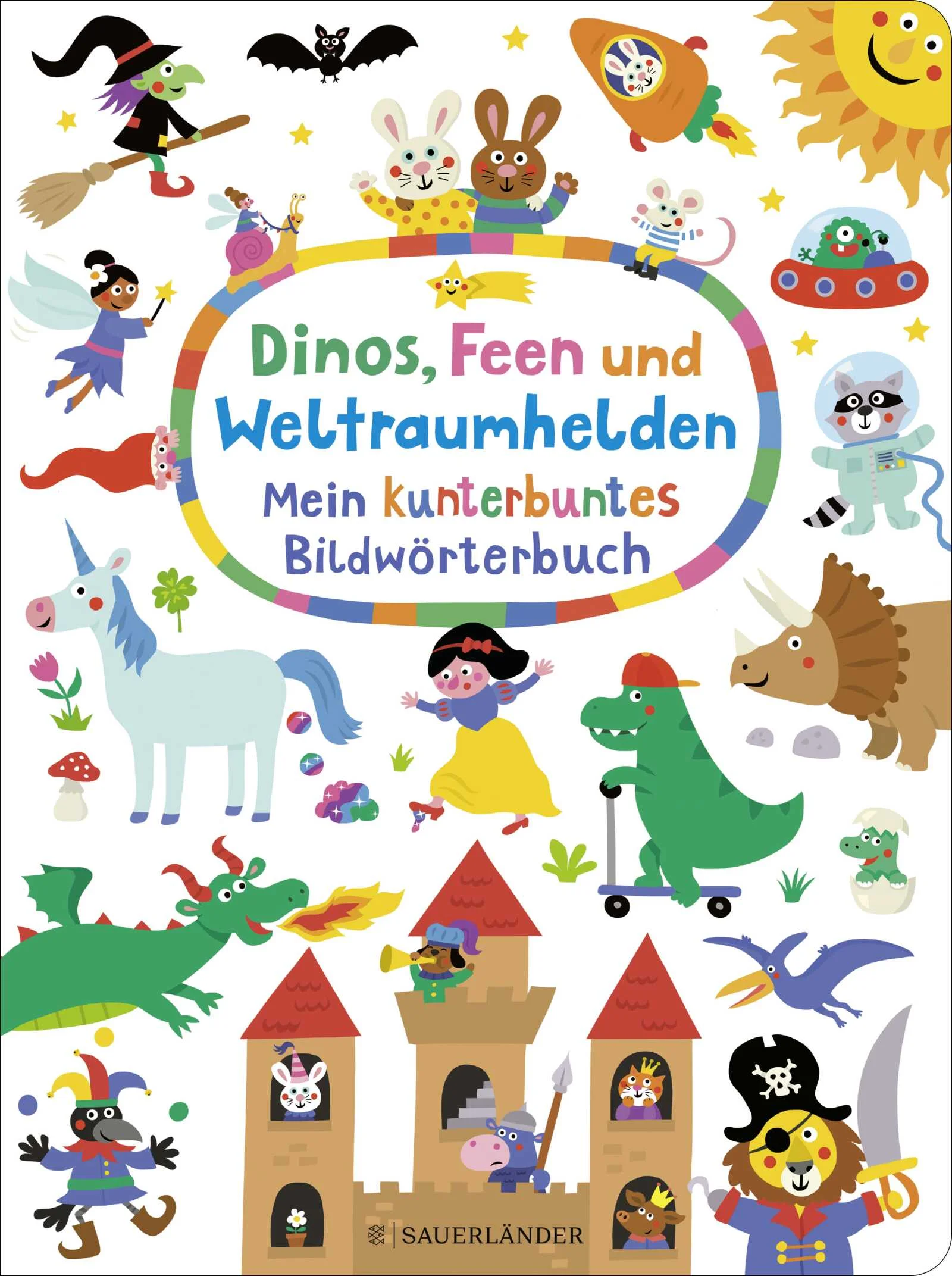 Hier geht es auf Abenteuerreise durch die beliebtesten Kinderwelten: Im Weltall machen wir Halt an der Milchstraße, bei den Dinos entdecken wir den Supersaurus und im Märchenwald darf am Pfefferkuchenhaus geknuspert werden. Dieses lustige und wimmelige Bildwörterbuch voller Ritter, Piraten, Feen und Monster bietet über 200 ganz normale und total verrückte Wörter, die Kindern ein breites Grinsen ins Gesicht zaubern. So macht Sprechenlernen einfach Spaß und wird zum Kinderspiel!Ein Buch wie eine Spielzeugkiste - mit vielen Suchfragen zum Immer-Wieder-Darin-Stöbern!Alle Lieblingsthemen in einem Buch: Weltraum, Dinos, Ritter, Piraten, Märchenwald, Fahrzeuge und MonsterKnallbuntes großformatiges Wimmel-Wörterbuch mit vielen sprachkreativen BegriffenViele, lustige Suchfragen auf jeder Seite