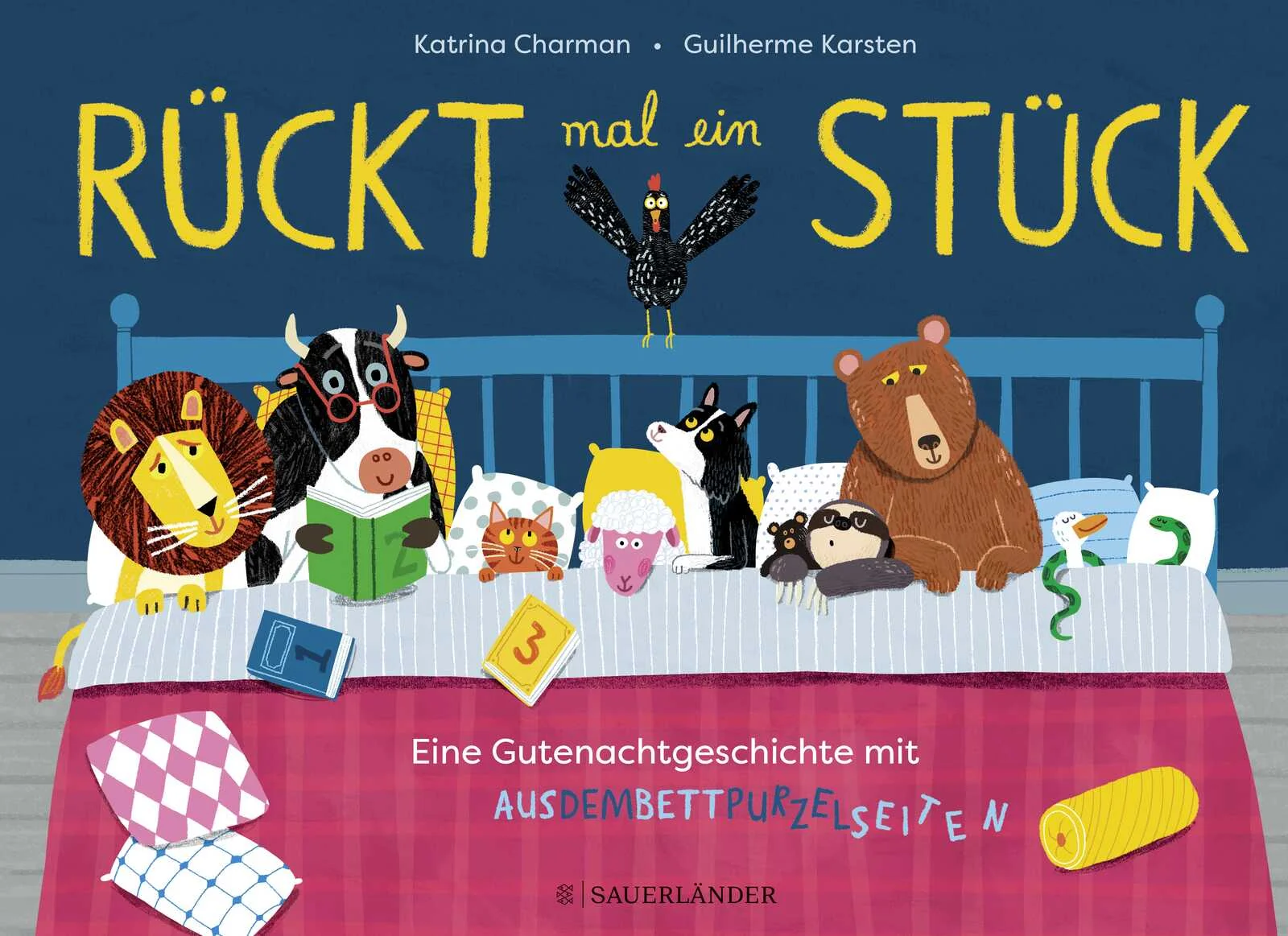 Eine turbulente Gutenachtgeschichte mit Aus-dem-Bett-purzel-Seiten für Kinder ab 4 JahrenWenn 10 ins Bett sollen, dann wird beim Abendritual schon mal aus dem Bett gekullert,  gestolpert und übereinandergeplumpst. Immer heißt es wieder »Rückt mal ein Stück«. Es sollen aber doch alle schlafen geh'n. Ist in diesem großen Bett wirklich Platz für 10?! »Rückt mal ein Stück«, bestimmt das Huhn. Einer fällt raus. Und nun? Im Bett sind nur noch 9. Jetzt muss doch Platz für alle sein. »Rückt mal ein Stück!«, gackert es da wieder. Und schon plumpst noch einer raus. Jetzt sind es nur noch 8. Wird das jemals eine ruhige Nacht?Eine fröhlich gereimte Gutenachtgeschichte für Kinder ab 4 Jahren mit Abzählreimen, in der nach Herzenslust aus dem Bett gepurzelt, gestolpert und gekullert wird. Die effektvolle Ausstattung mit verkürzten Seiten lädt die Kinder zum Mitmachen ein: umblättern und – schwupps – fällt das nächste Tier aus dem Bett!  Ein fröhliches Einschlafritual, fast wie im richtigen Familienbett!