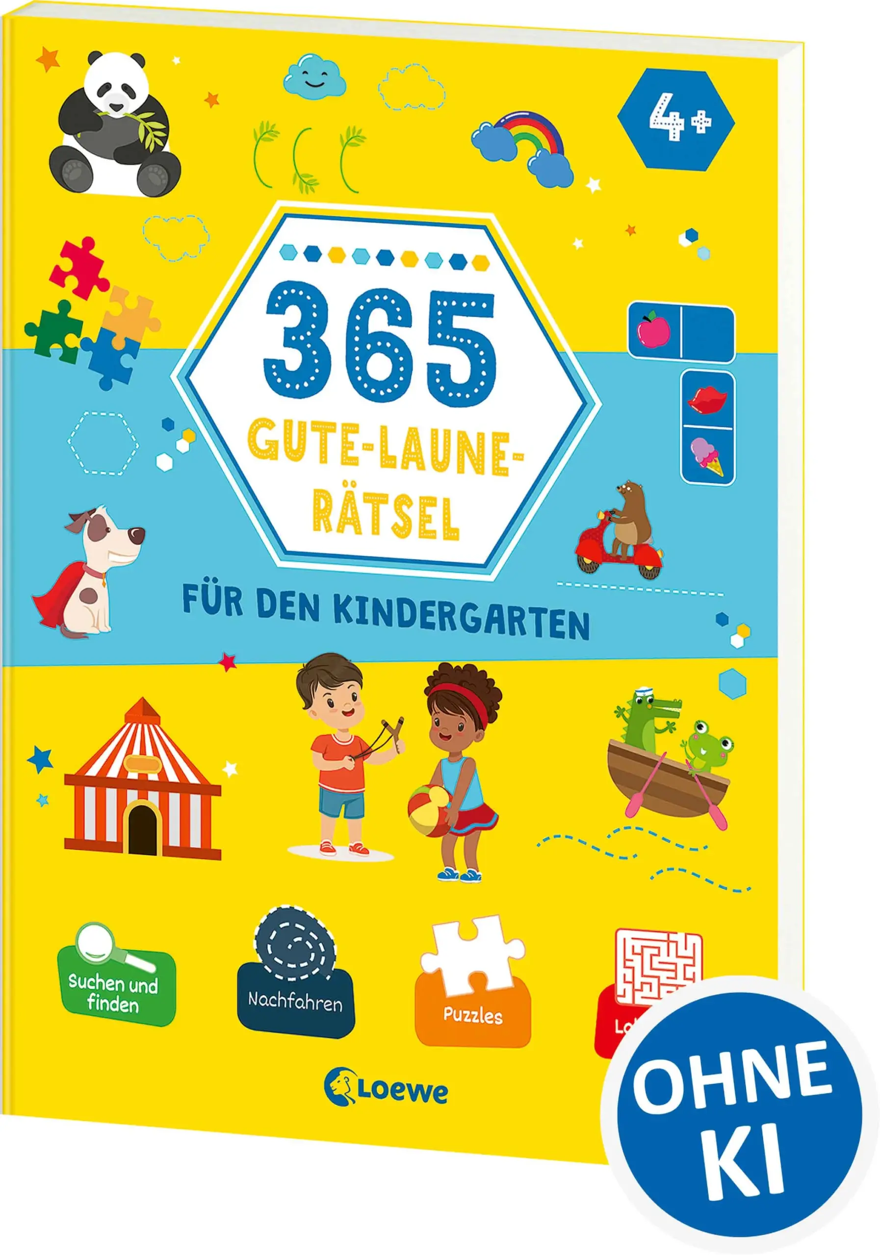 Loewe-Bücher: garantiert ohne KI Jeden Tag ein Rätsel Ob Fehlersuche im Schnee, Labyrinthe im Dschungel oder Schwungübungen auf hoher See: Diese 365 kniffligen Übungen füllen das Kindergartenjahr mit Spannung, Spaß und extraviel guter Laune! Die perfekte Kombination aus Lernen und Rätseln Fördert Konzentration, Motorik und logisches Denken Garantiert keine Langeweile! Mit diesen 365 spannenden Rätseln hat Langeweile keine Chance. Ob Dominos, Bilderrätsel, Sudokus oder Malaufgaben – mit der bunten Mischung aus Beschäftigung und Lernen trainieren Kinder ab 4 Jahren ganz leicht ihre Konzentration sowie motorischen und logischen Fähigkeiten.