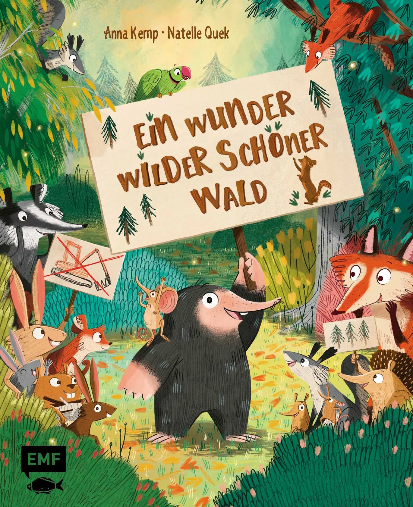 Ingo Olaf Oberschlau von Schnellholz-Immobilienbau will sich den Wald unter den Nagel reißen und die Tiere vertreiben! Doch da hat er die Rechnung ohne den Maulwurf gemacht.Ein „VERKAUFT“ Schild hängt plötzlich mitten im wunder wilden schönen Wald der Tiere! Doch der Wald ist nicht zu verkaufen!? Also schreibt der Maulwurf einen Brief an den gerissenen Ingo Olaf Oberschlau von Schnellholz Immobilienbau. Der aber lässt sich davon nicht beeindrucken und so rollen schon am nächsten Morgen die Bagger heran und drohen das Zuhause der Tiere zu zerstören. Jetzt muss ein Plan B herbei, denn so geht das nicht! Wird es den Tieren gelingen ihren Wald zu retten?In Reimen erzähltes Bilderbuch über den Mut, seine Stimme zu erheben und sich gegen Unrecht zu wehrenMacht Kindern Mut und erklärt das Thema „Zuhause verlieren“Farbintensiv illustriert von Natelle QuekMit Prägung auf dem Cover