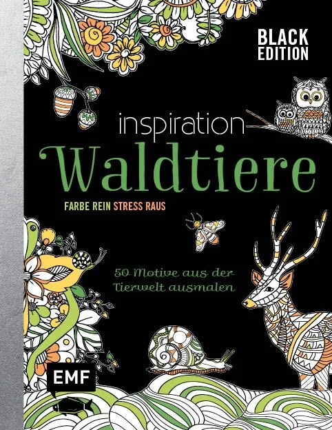 Ausmalen in der Edelklasse – die Black Edition! Das Ausmalbuch erreicht eine neue Dimension! Durch die schwarzen Hintergründe bekommen die Bilder eine ganz neue Brillanz und Fernwirkung, die Farben leuchten noch stärker und machen aus jedem Motiv ein Kunstwerk. Nur fünf Minuten Auszeit können im stressigen Alltag wahre Wunder bewirken. Das minutiöse Kolorieren von zauberhaften Waldmotiven ist die ideale Gelegenheit, den Kopf von Sorgen und Blockaden zu befreien und neue Kraft für die nächste Etappe des Tages zu sammeln.