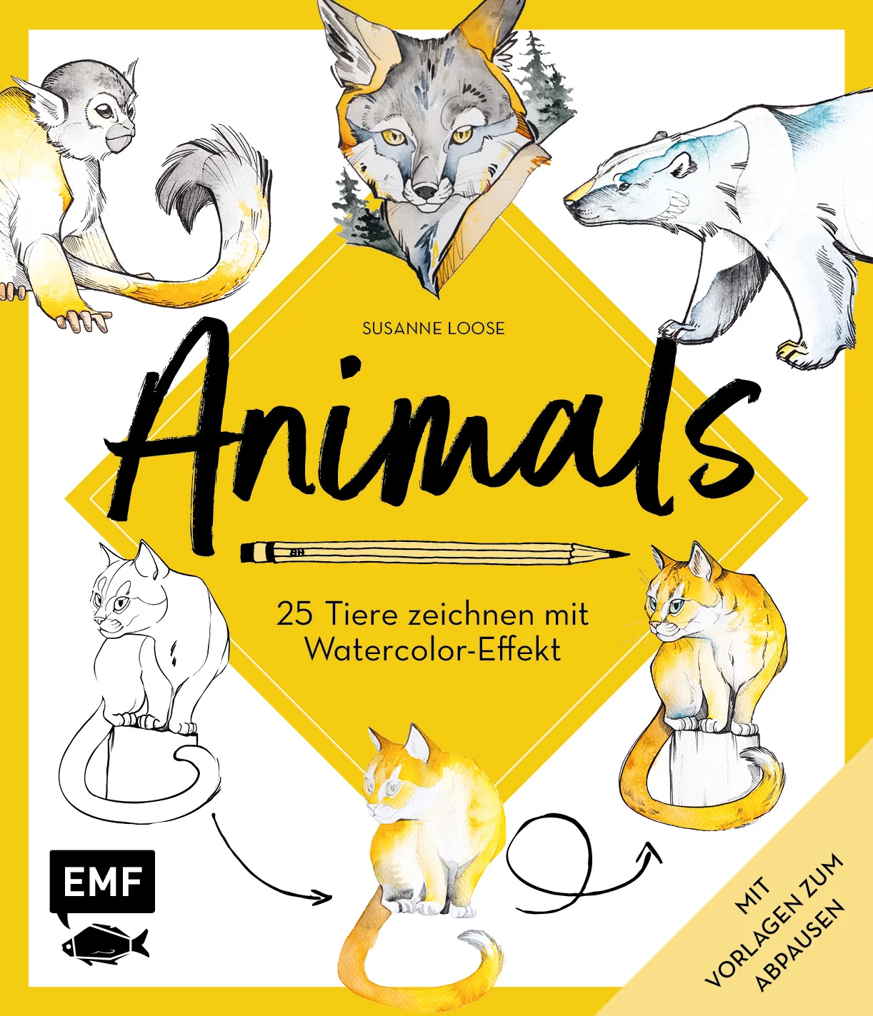 Richtig coole Tiere zeichnen und mit Watercolor zum Strahlen bringen! Alle Tiere werden von der Autorin und Tattoo-Künstlerin Step by Step erklärt und gelingen dank der abgedruckten Vorlage garantiert. Du möchtest wissen wie man coole Tiere zeichnet? In diesem Buch bekommst du alles ausführlich erklärt: Lerne verschiedene Schraffurtechniken kennen, erfahre etwas über die Proportionen und entdecke die Welt der Aquarellfarben. Sobald du die Grundlagen auf dem Kasten hast geht es an die unterschiedlichen Tiermotive. Mit welchem Tier möchtest du beginnen? Mit dem Fuchs, Krododil oder doch lieber einer Katze oder Springmaus? Mit ein wenig Übung kannst du dich auch an den Braun- oder Eisbär wagen und auch ganze Landschaften in deine Tiere mit einfließen lassen. Step by Step wird dir das Vorgehen erklärt und du wirst garantiert begeistert von deinen Ergebnissen sein.   20 wunderschöne TiermotiveSchritt-für-Schritt-Anleitungen GrundlagenteilVorlagen zum Nachzeichnen für garantieres gelingen    