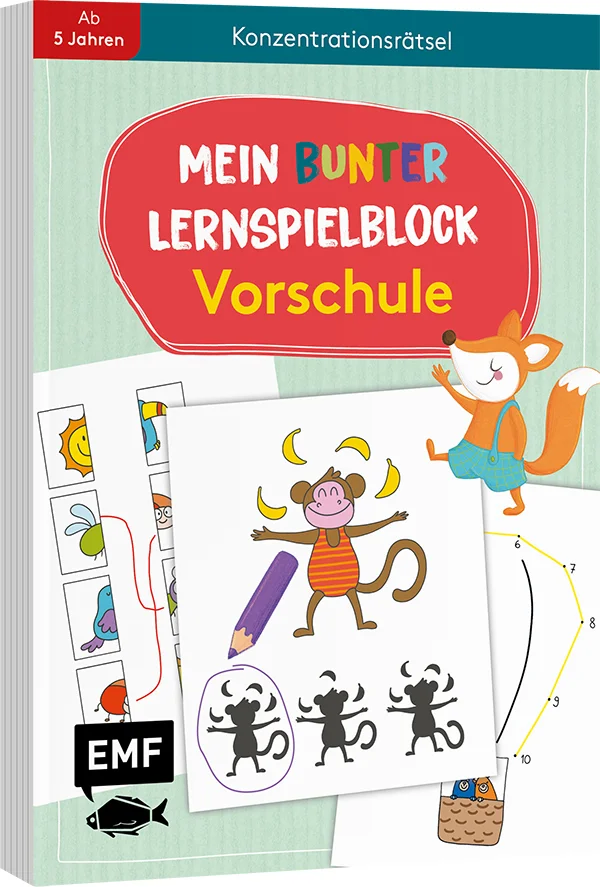 Bald geht es endlich in die Schule – Konzentration stärken mit dem LernspielblockMit der Vorschule beginnt auch die Vorfreude auf die Schule! Der Lernspielblock bietet die ideale Beschäftigung und Vorbereitung für das lange Warten bis zur 1. Klasse. Spielerisch wird das Vorschulkind an erste Zahlen, Buchstaben und Denksportaufgaben herangeführt. Alle Seiten können herausgetrennt werden, die Lösungen befinden sich jeweils auf den Rückseiten. Die Aufgaben und Übungen wurden von Pädagogen entwickelt.Lesen, schreiben, rechnen lernen: spielerische Übungen zur Wissensvermittlung und Vorbereitung auf die SchuleMit farbigen Rätselseiten zum Heraustrennen und den passenden Lösungen auf den RückseitenFür Kinder ab 5 JahrenVon Pädagogen entwickeltEndlich dürfen die Kinder in die Vorschule, aber sie können es kaum erwarten endlich in die 