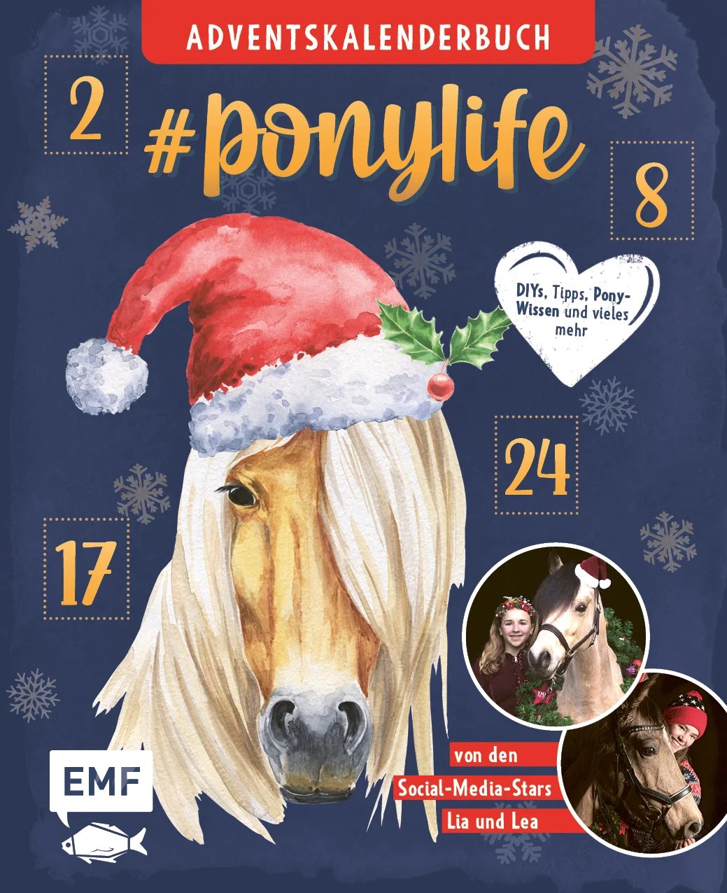 Mit Lia und Lea durch die Weihnachtszeit #ponylifeDie beiden ponyverrückten YouTuberinnen Lia und Lea begeistern auf ihren Kanälen täglich hunderttausende kleine und große Pferde-Fans und nehmen sie mit durch ihren Alltag auf dem Reiterhof. Ob Ausritt, Turnier oder beim Einzug neuer Ponys – die Kamera ist immer mit dabei. In ihrem neuen Adventskalenderbuch begleiten Lia und Lea ihre Fans durch die Weihnachtszeit. Dazu gibt es viele praktische Tipps für den Winter im Reitstall.Das erste Adventskalenderbuch der beliebten YouTuberinnen Lia und Lea24 ponystarke Überraschungen: weihnachtliche DIYs, Geschenkideen, Pony-Wissen für die Winterzeit im Reitstall und vieles mehrLiebevoll gestaltete Türchen mit vielen Bildern Mit perforierten Seiten zum Auftrennen Für allePferde-Fans von 8 – 14 Jahren Das liebevoll gestaltete Adventskalender-Buch hält jeden Tag eine ponystarke Überraschung bereit. Hier werden keine Türchen geöffnet, sondern es darf täglich eine Buchseite aufgetrennt werden. Viele Bilder, Sprüche, weihnachtliche DIYs, Geschenkideen und Pony-Wissen für die Winterzeit im Reitstall verkürzen die Zeit bis Weihnachten. Von Winter-Leckerlis im DIY-Geschenkeglas über einen Hufeisen-Traumfänger bis zu praktischen Tipps für die Pferdepflege im Winter – mit dem Adventskalenderbuch von Lia und Lea wird dir sicher nicht langweilig. Happy Christmas!