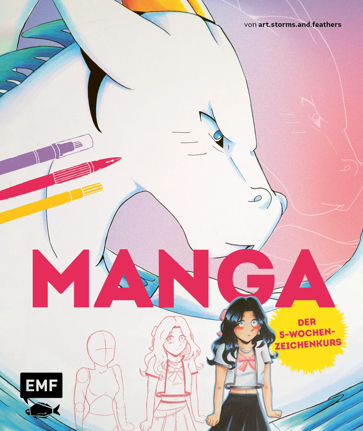 Von Manga-Charaktere bis zum fertigen Comic Panel – in 5 Wochen zum Erfolg mit dem Manga-Zeichenkurs von art.storms.and.feathers Alexa Valenzuela Chavez, die auf TikTok als art.storms.and.feathers ihre knapp 180.000 Follower mit ihren Manga-Zeichnungen begeistert, ist bereits erfolgreiche Manga-Autorin. In ihrem Zeichenbuch MANGA: Der 5-Wochen-Zeichenkurs lädt sie dich dieses Mal ein, selbst den Zeichenstift in die Hand zu nehmen und nice Manga-Figuren zu kreieren. Im Basics-Kapitel wirst du an die Grundlagen, von Material bis Technik, des Manga-Zeichnens herangeführt und lernst darüber hinaus, erste eigene Comic Panels zu erstellen. Dann heißt es: Figuren und Motive mithilfe praktischer Step-by-Step-Anleitung selbst gestalten. Drei unterschiedliche Kapitel sorgen dabei für jede Menge Abwechslung: das Manga City Life, die Manga Fantasy World sowie die Manga Nature Time. Hier begegnen dir neben menschlichen Charaktere auch Drachen in freier Wildbahn, Cooles sowie Spannendes aus dem Manga City Life und sagenhafte Manga-Natur-Motive. Doch das war noch nicht alles: Von Motiv zu Motiv kannst du entdecken, wie am Ende eines jeden Kapitels richtige Comic Panels gestaltet werden können.20 Manga-Motive praxisnah Step by Step erklärt und Vorlagen zu allen MotivenBunte und abwechslungsreiche Motivwelten von cool bis fantastischMit den wichtigsten Tools zum ersten eigenen Comic PanelZahlreiche Profitipps zu Mimik, Proportion und vielem mehr