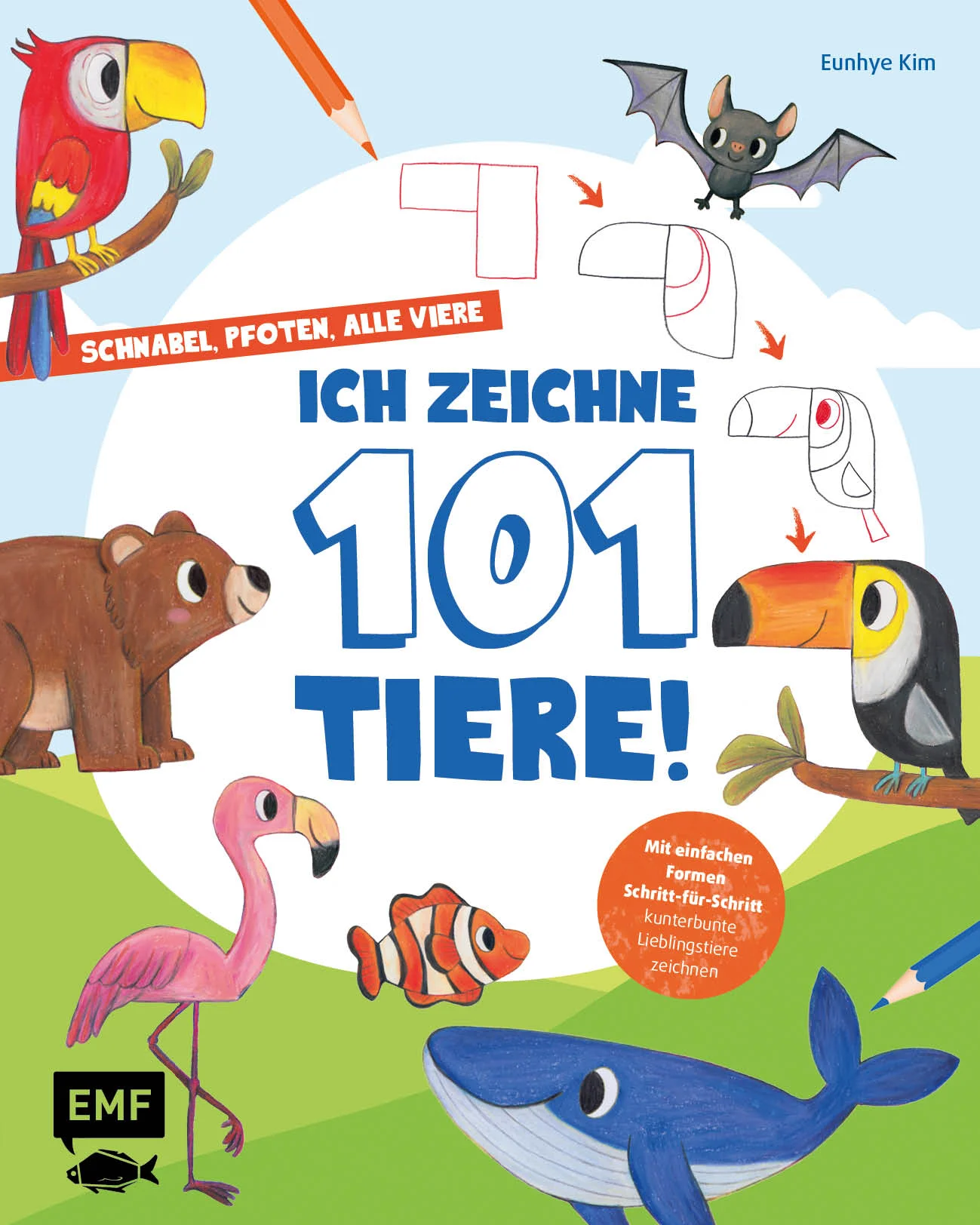Auf die Stifte, fertig, los! Mit diesem kinderleichten Schritt-für-Schritt-Anleitungsbuch lernst du im Handumdrehen 101 Lieblingstiere auf kunterbunte Hintergründe zu zeichnen. Von Haus- und Hoftieren über Wald- und Wiesenbewohner, Weggefährten aus aller Welt bis zu Dinosauriern und Fabelwesen – alle sind dabei! Für Kinder ab 6 Jahren und ihre Eltern.Im kurzen Grundlagenteil lernst du verschiedene Stiftarten kennen und wie man mit geometrischen Formen ganz einfach einen Tierkörper aufbauen kann. Übe deine Kenntnisse dazu gleich mit einer kleinen Warm-up-Aufgabe und erschaffe mithilfe von wertvollen Tipps und farbenfrohen Hintergrund-Inspirationen einen passenden Lebensraum für deine Tiere. Anschließend kannst du dich austoben und 101 Tiere aus verschiedensten Bereichen zeichnen lernen: Jedermanns Lieblinge wie Hund, Katze und Maus sind genauso versammelt wie Ente, Frosch und Schaf, Robbe, Eisbär oder Löwe und viele mehr. Auch außergewöhnlichere Tiere wie Tucan, Erdmännchen, Wombat oder Schnabeltier haben ihren Platz in diesem kunterbunten Buch gefunden und sogar Dinosaurier, Drache und Einhorn warten darauf, nachgezeichnet zu werden. Lass die Stifte tanzen und erwecke deine Lieblingstiere zum Leben!Es erwartet dich:101 Lieblingstiere Schritt-für-Schritt veranschaulichtMit 30 bunten Beispiel-Hintergründen viele Tiere zusammen in ihren Lebensräumen malenPraktisches Wissen zur Stiftwahl und zum Körperaufbau mit einfachen FormenZeichnen lernen alleine oder mit den Eltern – für Kinder ab 6 Jahren