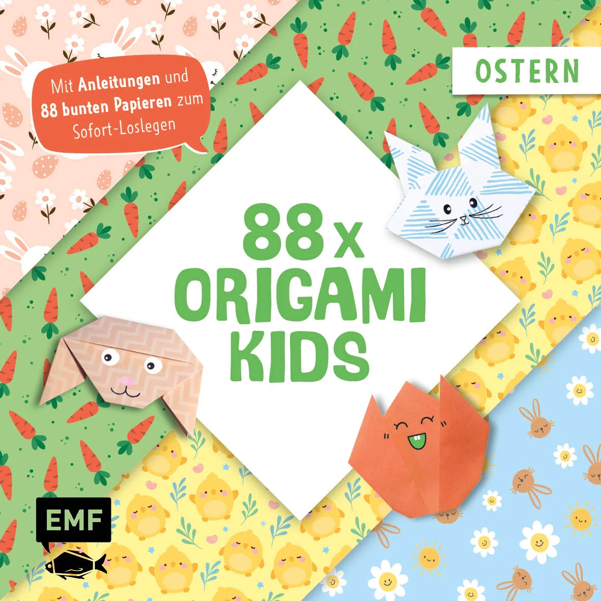 Frohe Ostern! – Origamispaß für kleine Faltkünstler*innen ab 5 Jahren mit einfachen Schritt-für-Schritt-AnleitungenOrigamifalten macht Spaß! Die einfachen Schritt-für-Schritt-Anleitungen sind für Kinder bereits ab 5 Jahren umsetzbar. So entstehen im Handumdrehen viele tolle Projekte zum Freuen, Bestaunen und Verschenken. Das Papier im kindgerechten Großformat ist mit bunten, frühlingshaften Oster-Motiven ausgestattet.88 Origamipapiere mit Oster-MotivenKindgerechtes GroßformatMit 14 einfachen Schritt-für-Schritt-AnleitungenFür Kinder ab 5 JahrenOb Hase, Lamm oder Tulpe – Mit den frühlingshaften, bunten Mustern und Farben können viele unterschiedliche Figuren gefaltet werden, die Jung und Alt verzaubern. Durch die einfachen Schritt-für-Schritt-Anleitungen zum Sofort-Loslegen sowie Papier im kindgerechten Großformat und typischer Origamipapierstärke stellt sich das Erfolgserlebnis bei Kindern ab 5 Jahren schnell ein. So wird mit Spaß die Feinmotorik der kleinen Künstler*innen trainiert und die Fantasie angeregt.
