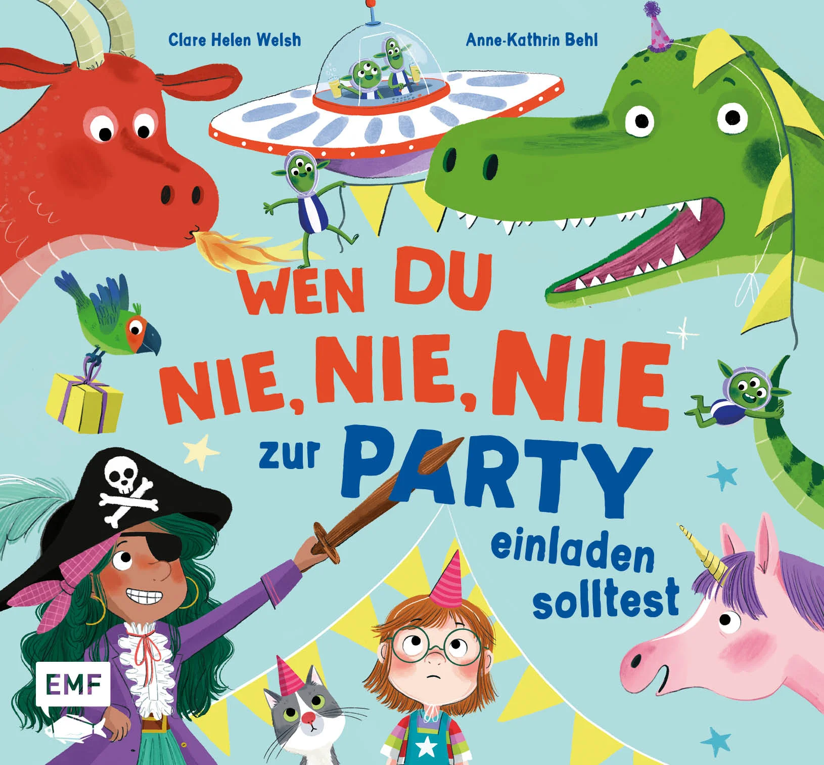 Ups, wer kommt denn da zur Party?Wenn du die beste Party aller Zeiten feiern willst, dann solltest du dir gut überlegen, wen du einlädst!  Lade nie, nie, nie zu chaotische Gäste ein:  Der Drache wird deine Dekoration in Brand setzen, das Einhorn wird ein Bad mit Glitzer und Seifenblasen verlangen und die Marsmenschen werden außer Rand und Band sein, wenn sie zu viel Limo trinken!  Aber wenn du deine Gäste nach Hause schickst ist auch alles total langweilig oder? Denn eine Party ist nur eine Party, wenn du sie mit deinen Freunden feierst!Fantastisches Geburtstagsparty-Abenteuer mit einem Drachen, einem Einhorn, einer Piratin und einem Raumschiff voller AußerirdischerAnne-Kathrin Behl in Höchstform: lustig-chaotisch illustrierte Szenen zum Entdecken und LachenKindgerechte Botschaft über die schönste Zeit mit Freunden - die Geburtstagsfeier!