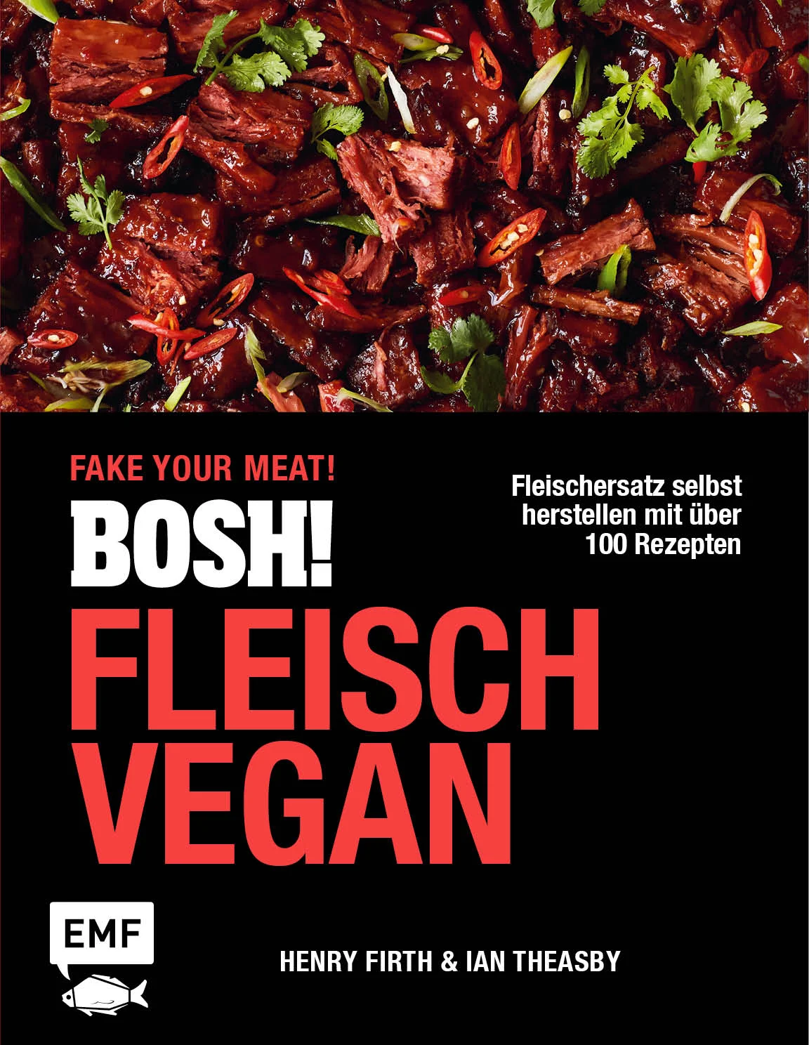 Ein Leben ohne Fleisch, für viele undenkbar – und auch Veganer*innen müssen nicht mehr darauf verzichten. Die britischen Bestseller-Autoren und Foodblogger von BOSH!, Henry Firth und Ian Theasby, zeigen, wie man Fleisch mit veganen Zutaten selbst machen kann. Egal ob Rind, Geflügel, Schwein, Lamm oder Fisch. Von Grundrezepten für veganes Hähnchen oder Thunfisch über Hauptgerichte aus aller Welt, wie Beef Bourguignon und Chicken Tikka Masala, verschiedenen Burgern bis hin zu süßen Köstlichkeiten wie Tiramisu und Creme Brûlée ist für jede*n etwas dabei. Und natürlich dürfen auch Rezepte für Käse, Milch und Butter nicht fehlen!  Das erwartet dich: Über 100 veganisierte Fleisch-Rezepte : Pulled-Lamb mit Harissa, Gyoza mit zippy Dippy, Garnelen-Curry, Date-Night-Jakobsmuscheln, Fish Burger, Käse-Omelett und vieles mehr! Neben Grundrezepten erwarten dich abwechslungsreiche Hauptgerichte und Desserts aus der ganzen Welt  Rind, Geflügel, Schwein, Lamm, Fisch & Co. in vegan: Kein Gericht, auf das du jetzt noch verzichten musst! Nützliche Infos über die wichtigsten Nährstoffe einer pflanzenbasierten Ernährung  In der veganen Küche werden Fleischgerichte oft umgangen, Henry Firth und Ian Theasby machen genau das Gegenteil. Aus Pilzen, Jackfruit, Tofu & Co. zaubern sie veganes Fleisch, und aus Cashews, Haferflocken und Sojadrink werden vegane Käse-, Butter- und Milchalternativen hergestellt. Mit diesem Buch kann alles selbst gemacht werden und man muss keine fertigen Ersatzprodukte mehr kaufen. Ob vegan oder nicht vegan – diese Rezepte liebt jede*r!  