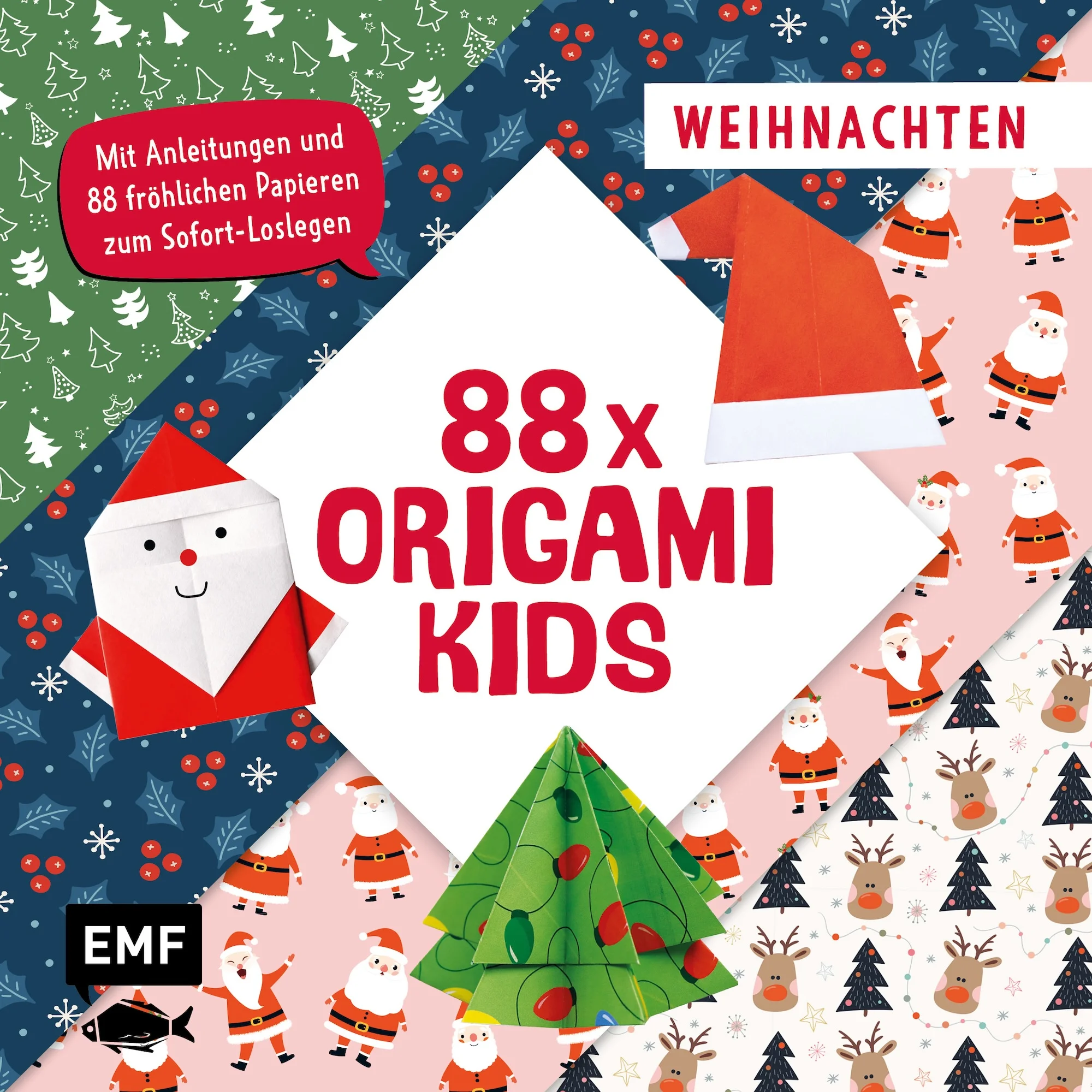 Frohe Weihnachten! – Origamispaß für kleine Faltkünstler*innen ab 5 Jahren mit einfachen Schritt-für-Schritt-AnleitungenOrigamifalten macht Spaß! Die einfachen Schritt-für-Schritt-Anleitungen sind bereits für Kinder ab 5 Jahren umsetzbar. So entstehen im Handumdrehen viele tolle Projekte zum Freuen, Bestaunen und Verschenken. Das Papier im kindgerechten Großformat ist mit fröhlich-bunten Weihnachtsmotiven ausgestattet.88 Origamipapiere mit WeihnachtsmotivenKindgerechtes GroßformatMit 13 einfachen Schritt-für-Schritt-AnleitungenFür Kinder ab 5 JahrenOb Tannenbaum, Stern oder Weihnachtsmann – Mit den weihnachtlichen Mustern und Farben können viele unterschiedliche Figuren gefaltet werden, die Jung und Alt verzaubern. Durch die einfachen Schritt-für-Schritt-Anleitungen zum Sofort-Loslegen sowie Papier im kindgerechten Großformat und typischer Origamipapierstärke stellt sich das Erfolgserlebnis bei Kindern ab 5 Jahren schnell ein. So wird mit Spaß die Feinmotorik der kleinen Künstler*innen trainiert und die Fantasie angeregt.