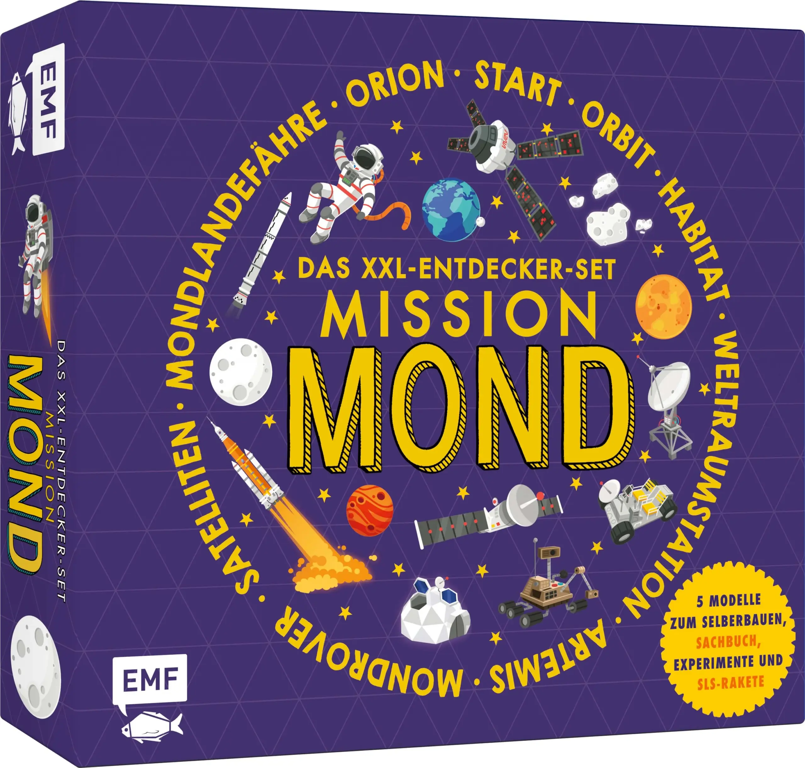 Bauen – spielen – wissen! Mit Rakete zum Selberbauen und Mond-Camp. Das XXL-Set fliegt mit kleinen Entdeckern ab 8 Jahren zum Mond. Mit spannenden Experimenten für zu Hause und Modellen zum Selberbauen macht das Lernen richtig Spaß! Zahlreiche Sachillustrationen im Buch erklären nicht nur, was alles nötig ist, um zum Mond zu reisen, sondern auch, wie wir Menschen dort leben könnten.  XXL-Entdecker-Set mit Sachbuch, Experimenten und 5 Modellen zum Selberbauen  Spielerische Vermittlung von Sachwissen rund um den Mond  Für Kinder ab 8 Jahren  Erforsche den Mond und lerne Techniken der Zukunft kennen. Baue dein eigenes Raumschiff Orion, ein Landungssystem oder einen Mondrover. Führe Experimente durch und erschaffe z.B. deine eigene Mondlandschaft – auch du kannst ein Wissenschaftler sein!  