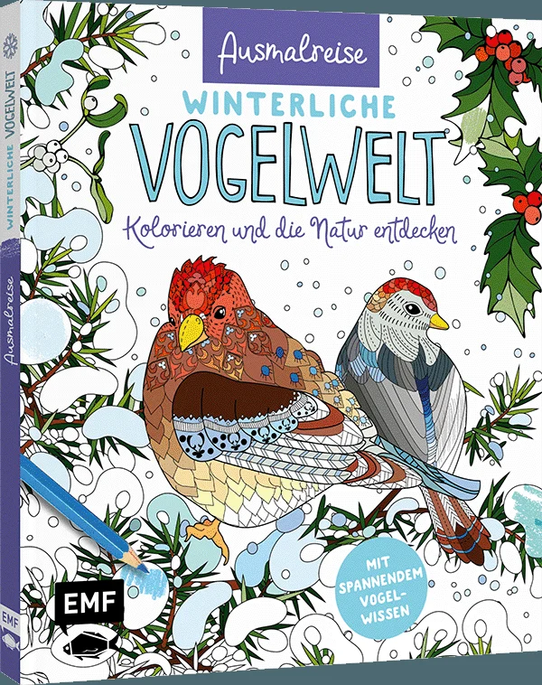 Entdecke die heimische Vogelwelt auf völlig neue Art und Weise! Tauche ein in den bunten Artenreichtum der winterlichen Natur und erlebe entspannende Stunden voller Kreativität und Farbenvielfalt. Mit seinen detaillierten Illustrationen nimmt dich dieses Ausmalbuch mit auf eine Reise durch den Winter. Lass deiner Fantasie freien Lauf, während du die schmuckvollen Federn, idyllischen Eislandschaften und interessanten Vögel mit deinen Lieblingsfarben zum Leben erweckst. Egal, ob du ein*e erfahrene*r Künstler*in bist oder einfach nur eine Pause vom Alltag suchst, dieses Ausmalbuch bietet die perfekte Auszeit. Nimm dir Zeit für dich selbst, entspanne dich und genieße die ruhige Atmosphäre, die dich beim Ausmalen begleitet. Tauche ein in die Schönheit unserer heimischen Vogelwelt und genieße deinen Ausmalurlaub für die Seele, während du den winterlichen Charme der Natur auf deine ganz eigene Art und Weise einfängst.50 Vogel-Motive zum Abschalten und EntspannenAusmalen und entdecken: Mit spannenden Fakten und Wissen rund um die heimischen Vogelarten
