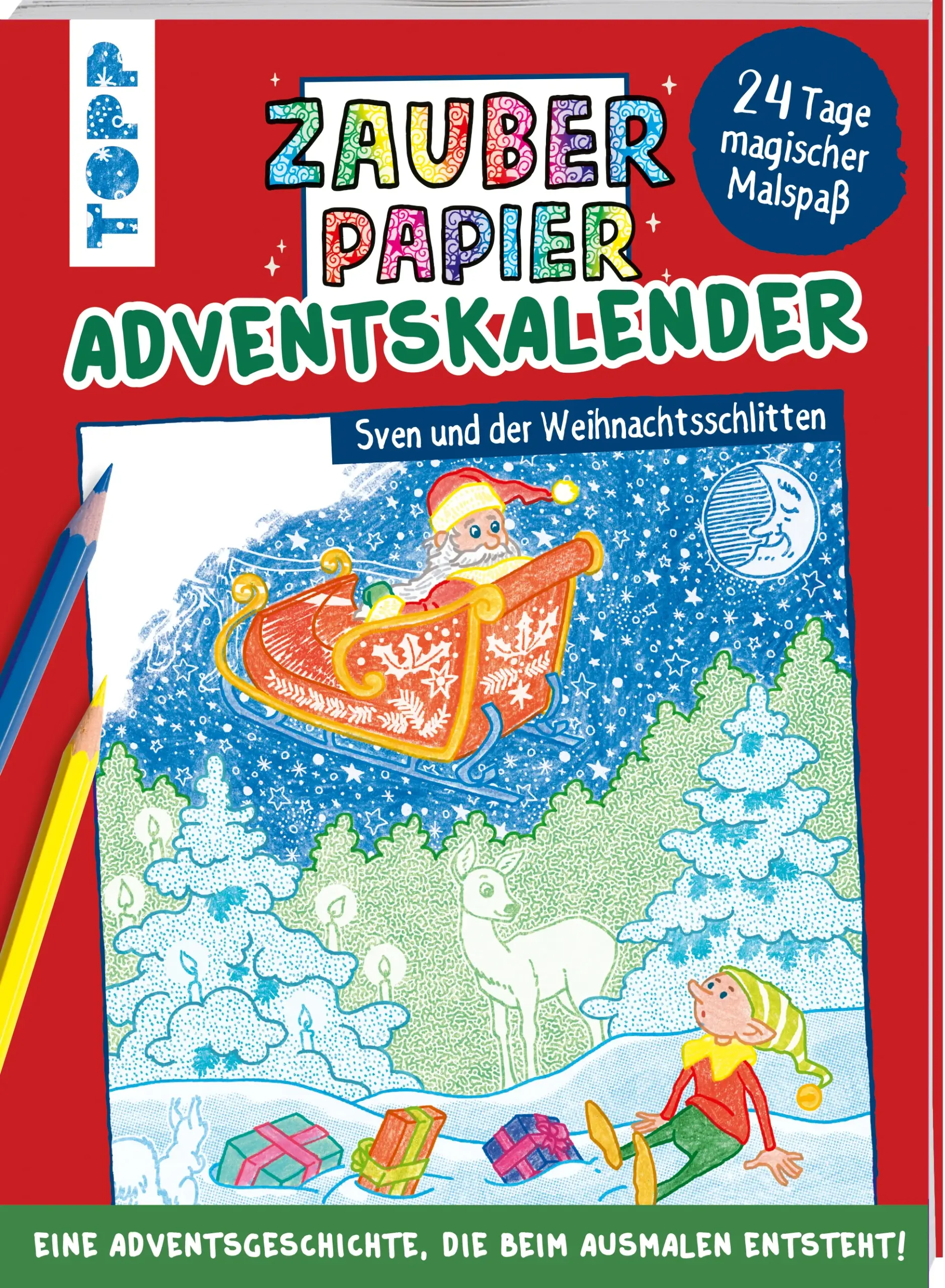 Der unglaubliche Zauberpapier-Trend nun auch als Adventskalender! Der erste Zauberpapier-Adventskalender verkürzt Kindern ab 5 Jahren auf magische Weise das Warten auf Weihnachten. Eine märchenhafte Geschichte in 24 Teilen wartet darauf, (vor-)gelesen zu werden. Zauberhafte Motive zum Ausmalen begleiten die Geschichte und sorgen garantiert für einen Wow-Effekt, denn versteckte Geheimnisse und Details werden erst beim Ausmalen sichtbar. Ran an die Buntstifte und los geht die zauberhafte Adventszeit!