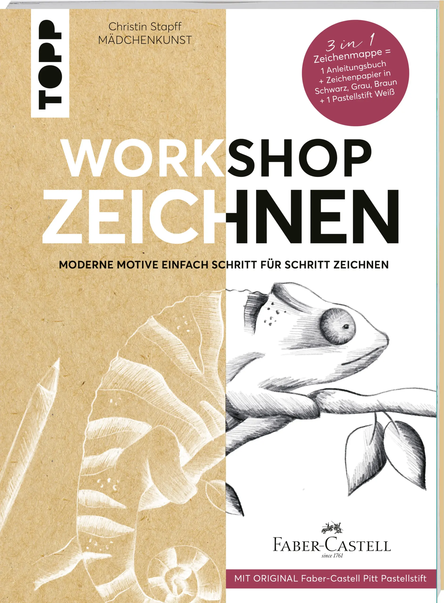 Kein Zeichentalent? Eine Meinung, die sich hartnäckig hält. Aber: JEDER kann zeichnen und um diese Kunst zu verbessern, muss man es tun. Vielfältige Gelegenheit bietet die Workshop-Mappe unserer Erfolgsautorin Christin Stapff von Mädchenkunst. Es muss nicht immer naturgetreues Zeichnen sein, es macht Spaß auch mal rebellischer zu sein und die eigene Realität zu zeichnen, wie sie einem gefällt. Kreativ zeichnen ohne Angst, etwas falsch zu machen, und ohne die üblichen Motive. Hier werden beispielsweise ein Chamäleon, ein Traumfänger oder ein Vogelhaus gezeichnet. Mit Bleistift, Buntstiften oder einem weißen Pastellstift, auf schwarzem, grauem oder braunem Papier können neue Zeichenerfahrungen gesammelt werden. Ein Workshop, der spielerisch Schritt für Schritt den Zeichenprozess vermittelt, ebenso wie Perspektive sowie Licht und Schatten. Dieser Zeichenmappe liegt neben farbigem Zeichenpapier in Schwarz, Grau und Braun auch ein original Pitt Pastellstift von Faber-Castell bei. Inspirationen und Anleitungen, um den eigenen Zeichen-Stil weiterzuentwickeln und mit Motivation dranzubleiben.