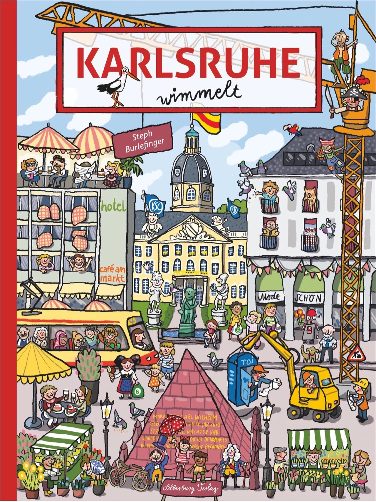 Überall in Karlsruhe wimmelt und wuselt es – auf dem belebten Marktplatz mit seinen Marktständen und dem Schlossgarten mit dem Kult-Bähnle. Mit den liebevoll gezeichneten Rheinpiraten, Karl Drais und dem Dorle geht es zu den schönsten Plätzen der Fächerstadt: zum Rheinhafen, auf den Turmberg, zum Rheinstrandbad und in den Zoo – überall finden sich kleine zu entdeckende Wimmel-Details.