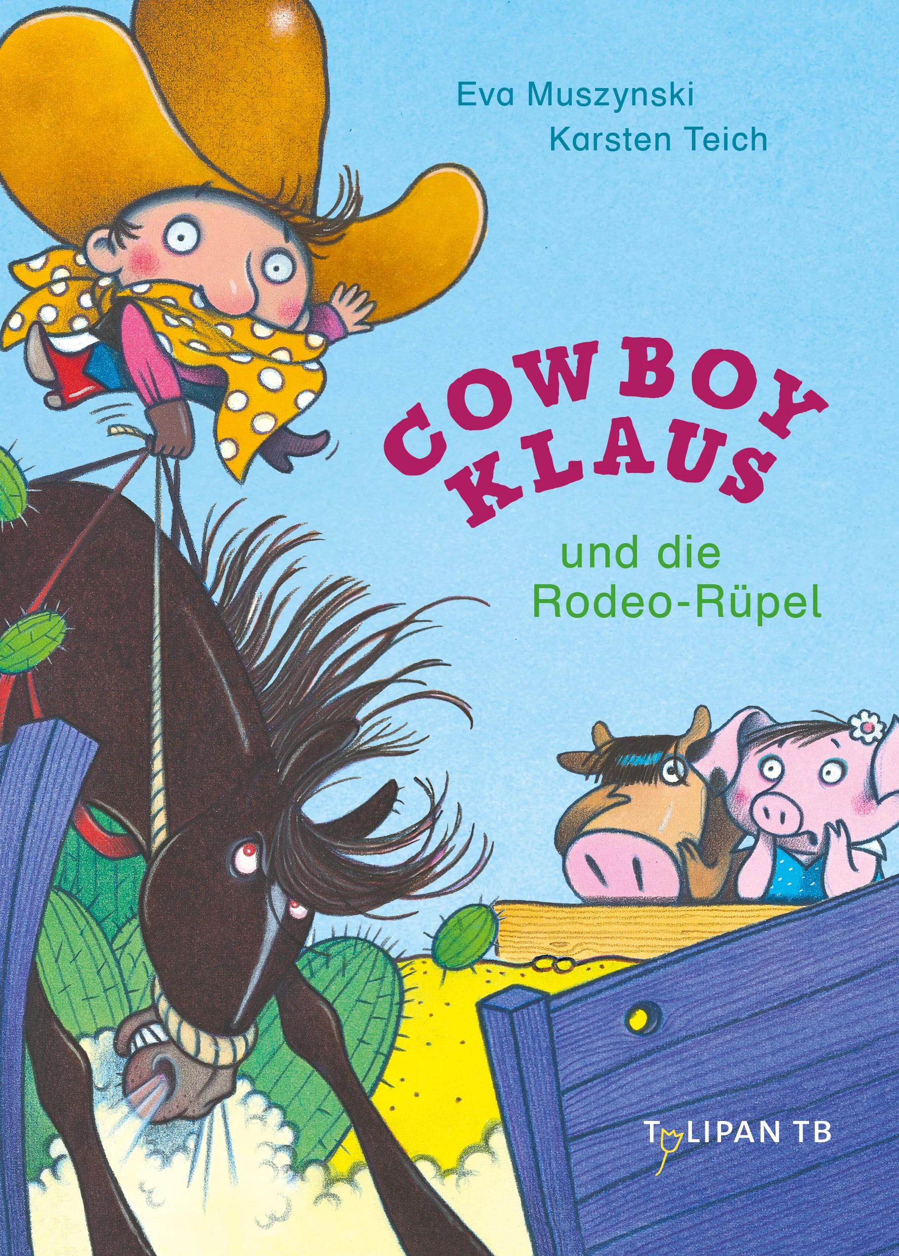 Cowboy Klaus im Wettkampffieber: Beim Mustang-Reiten und Hufeisen-Weitwurf kann er allen zeigen, dass er ein echter Cowboy ist. Doch die gefürchteten Rodeo-Helden Pickel Piet und Popel Paul wollen auch gewinnen. Mit üblen Schimpfwörtern versuchen sie, Cowboys abzulenken.Ausstattung: durchgehend 4-farbig illustriert