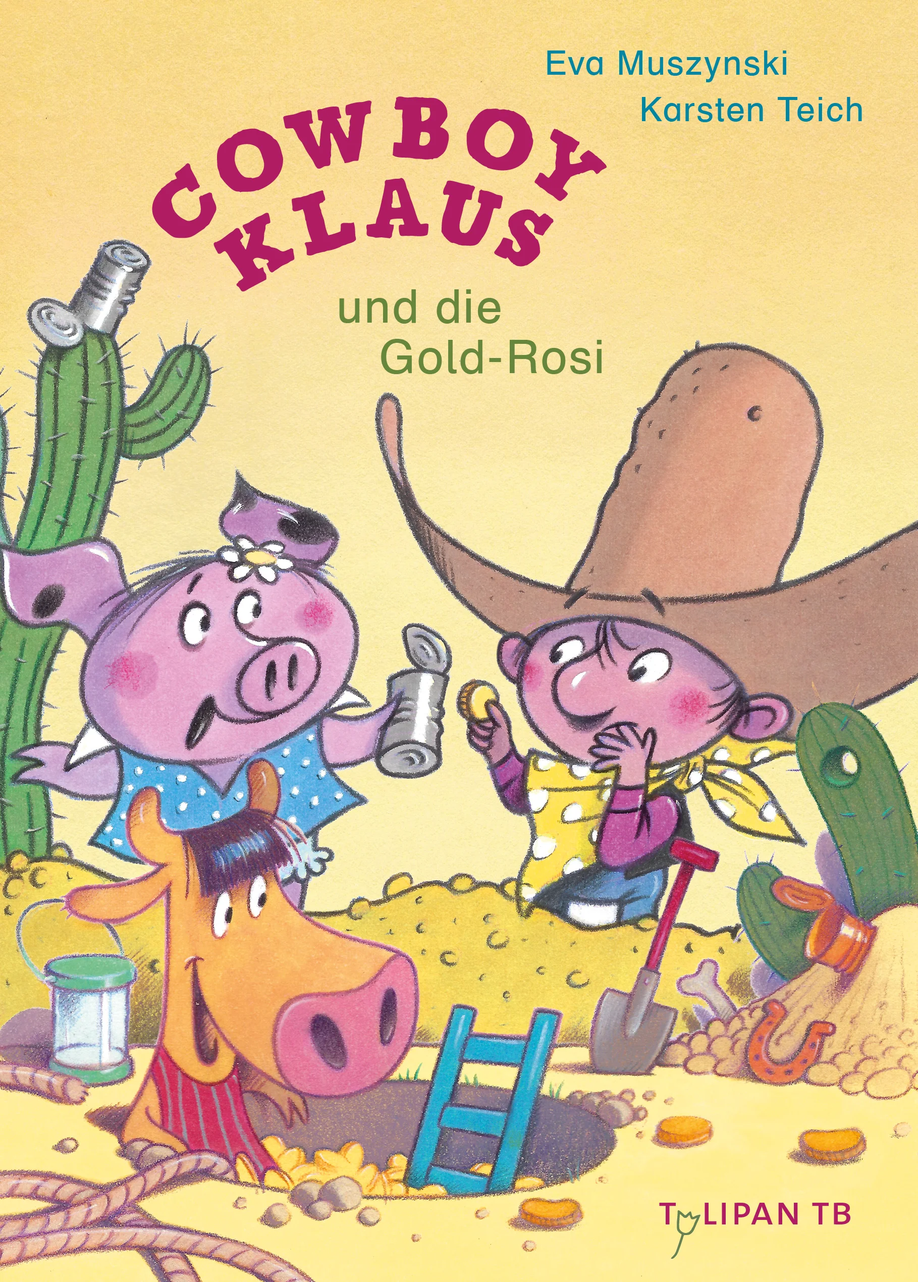 Ständig sind alle auf der Suche nach irgendetwas – die einen suchen das Abenteuer, die anderen suchen das Glück – die Kuh Rosi aber sucht nach Gold! Und zwar im Gemüsegarten. Cowboy Klaus und das Schwein Lisa wollen helfen und so machen sich die drei Freunde auf den Weg zu einer richtigen Expedition. Ein Goldhamster zeigt ihnen den Eingang zu einer alten Mine und aufgeregt beginnen sie zu graben. Tiefer und tiefer treiben sie den Stollen in die Erde, doch der verheißungsvolle Klang nach Metall entpuppt sich nur als leere Blechdose. Kommen die drei trotzdem noch zu Reichtum und in den Goldrausch? Oder gibt es nicht etwas, das viel wertvoller ist als das?Ausstattung: durchgehend 4-farbig illustriert