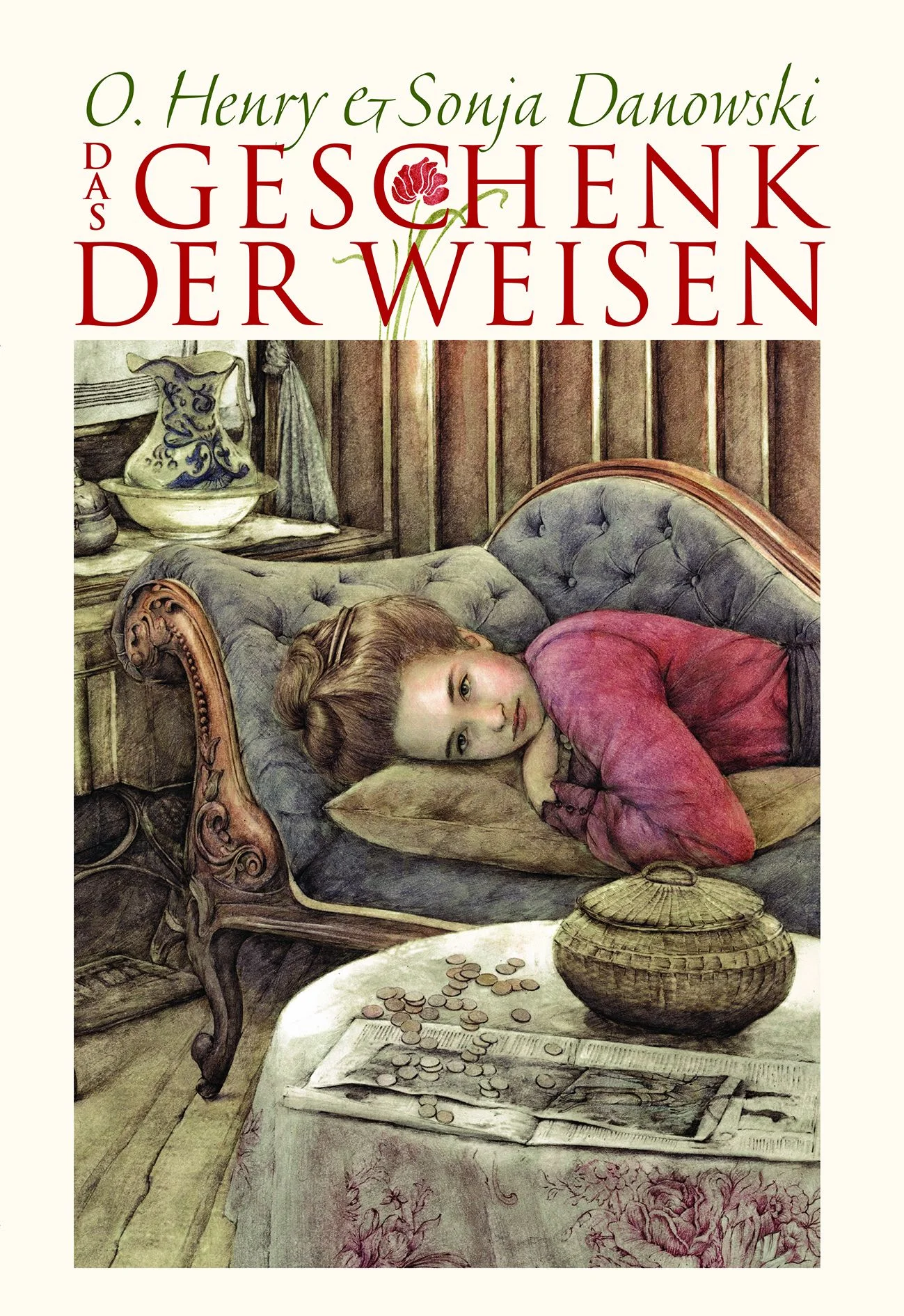 Irgendwo in einer amerikanischen Stadt vor vielleicht etwas mehr als hundert Jahren: Ein junges Ehepaar lebt in einfachen Verhältnissen und doch glücklich miteinander in einer kleinen Wohnung. Sie kommen zurecht, aber das Geld reicht nicht für Geschenke zum baldigen Weihnachtsfest. Und so beschließen beide, jeder für sich, dem anderen das zu opfern, was ihnen selbst das Liebste ist. Die junge Frau verkauft ihr langes Haar, das immer ihr ganzer Stolz war, an eine Friseurin, um von dem Geld eine Uhrkette zu erwerben, für die Golduhr ihres Mannes. Und der junge Mann beschließt, seinen einzigen wertvollen Besitz, seine Golduhr, zum Pfandleiher zu bringen, um etwas Geld für Kämme zu erhalten, die sich seine Frau schon so lange für ihre langen Haar wünscht. Und so treffen die beiden mit ihren Geschenken aufeinander und stellen fest, dass das größte Geschenk, dass sie sich machen können, ihre Liebe ist. Diese Geschichte hat eine wunderbare altertümliche Sprache, die einem zu Herzen geht. Sie ist schon oft illustriert worden, doch Sonja Danowski gelingt es mit ihren eindrucksvollen, schon fast porträthaften Bildern den Inhalt und die Gefühlswelt der Protagonisten auf ganz besondere Weise nahe zu bringen.