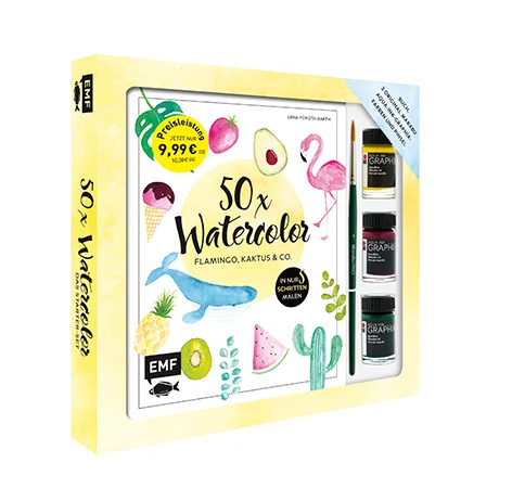 Aquarellmalerei begeistert schon seit Jahrhunderten zahlreiche Generationen von Künstlern und Kunstliebhabern. Mit „50 x Watercolor: Flamingo, Kaktus & Co.“ tauchen Anfänger ganz einfach und vor allem schnell in die Welt der Aquarellfarben ein. Für den perfekten Einstieg liegen diesem Starter-Set die drei hochwertige Aqua-Ink-Graphix der Firma Marabu und ein Pinsel bei. Die Projekte lassen sich in jeweils fünf verständlich beschriebenen Schritten auf das Papier zaubern. Dabei reichen die liebevoll gestalteten Trendmotive von rosafarbenen Flamingos und anderen Trendtieren bis hin zu exotischen Pflanzen wie Sukkulenten oder Kakteen. Neben dem ganz praktischen Malen von bunten Aquarellen lernen die Hobbymaler auch die wichtigsten Grundlagen der Aquarelltechnik kennen. So gelingen Bilder, Postkarten und Geschenke auch ungeübten Malern im Handumdrehen.